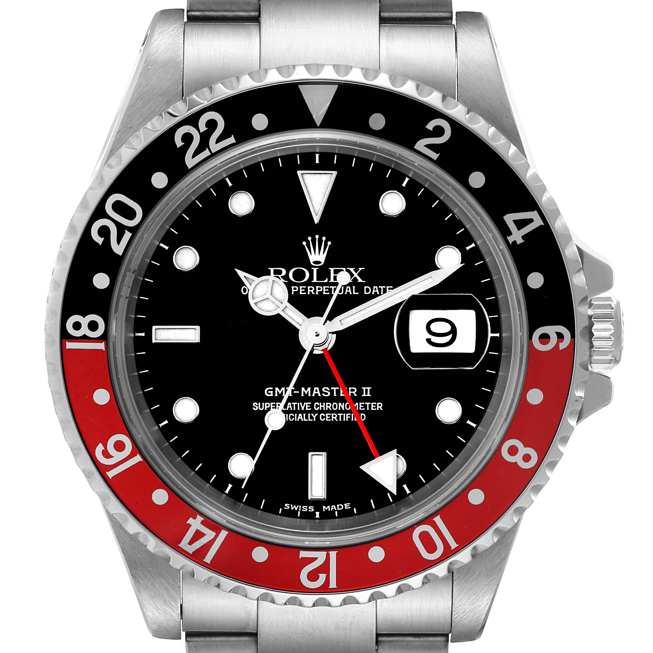 This image shows a front view of a Rolex GMT-Master 16710 Men's Stainless Steel Black Dial 16710 Men's Stainless Steel Black Dial II watch, highlighting its bezel, dial, hands, and date window.