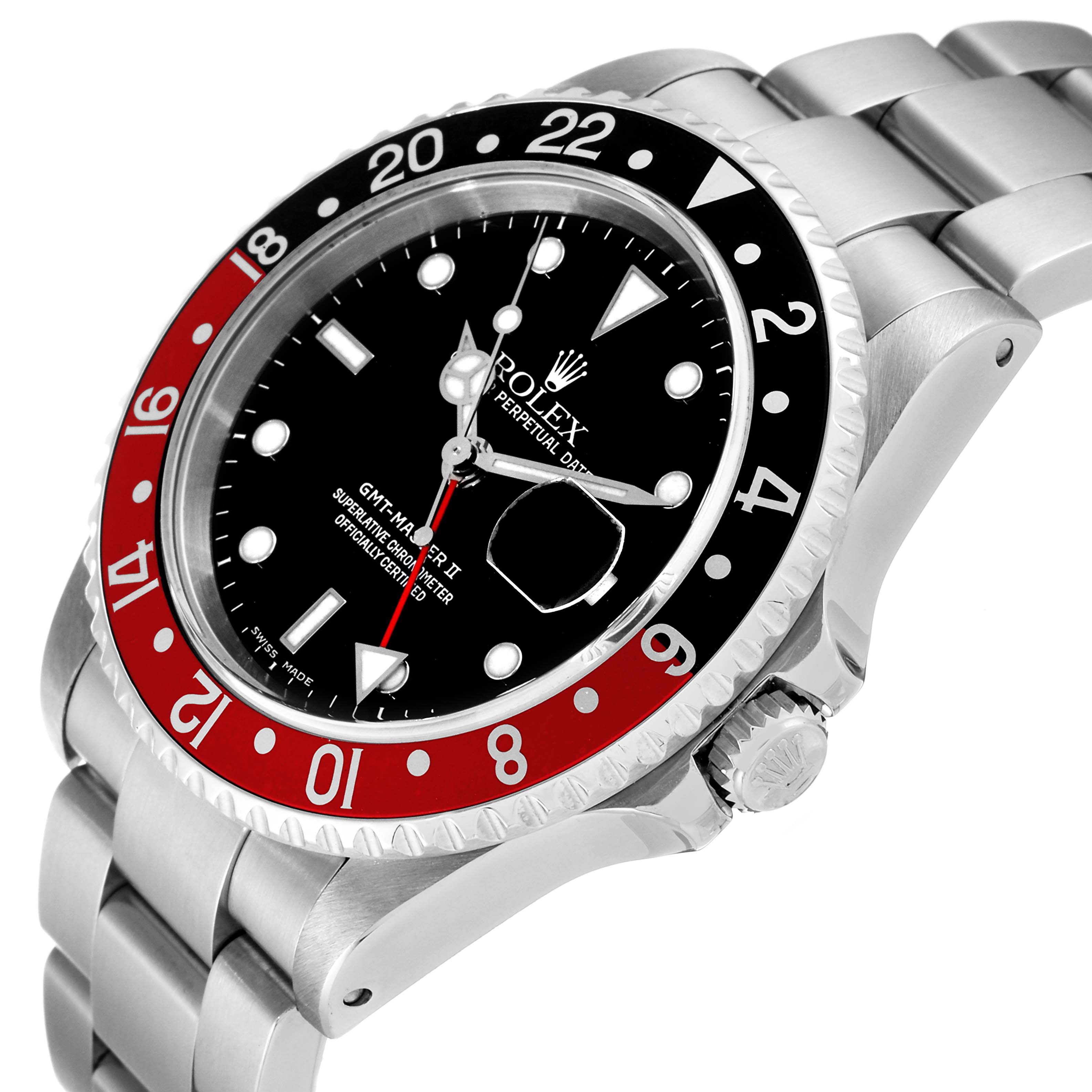 This image shows a Rolex GMT-Master 16710 Men's Stainless Steel Black Dial 16710 Men's Stainless Steel Black Dial II watch at a slight angle, highlighting the face, bezel, crown, and part of the bracelet.