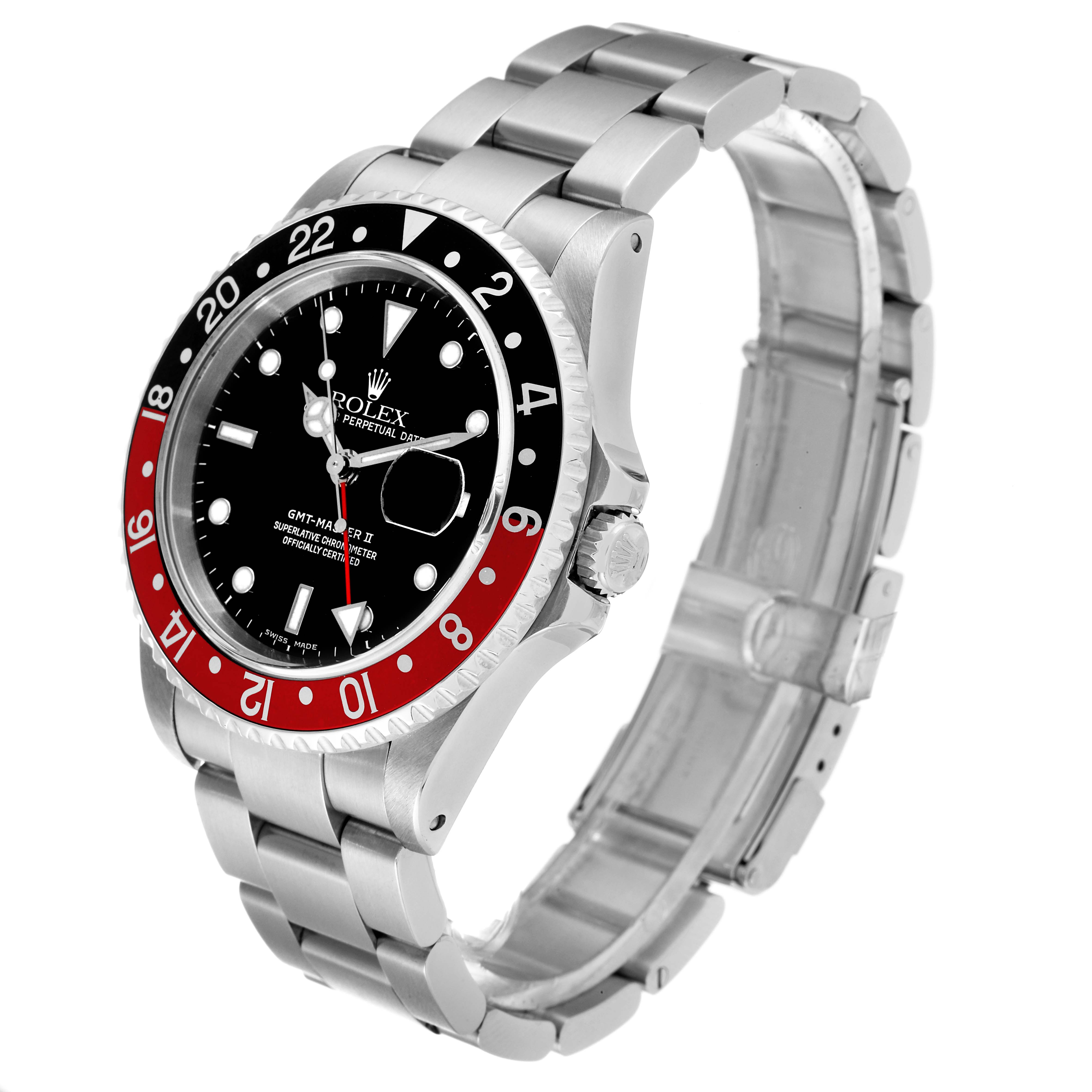 The Rolex GMT-Master 16710 Men's Stainless Steel Black Dial 16710 Men's Stainless Steel Black Dial watch is shown at a three-quarter angle, highlighting its bezel, crown, and stainless steel bracelet.