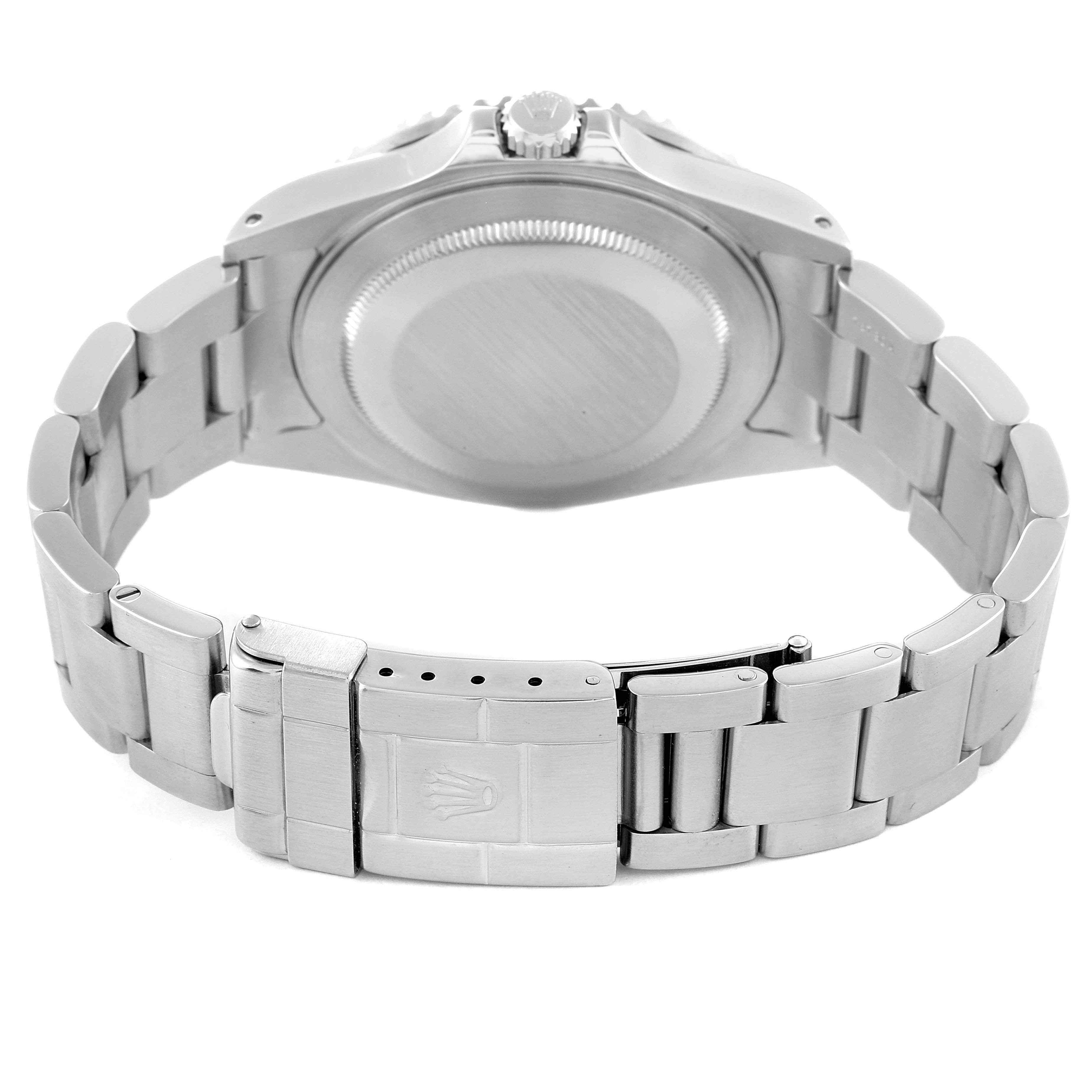 This image shows the Rolex GMT-Master 16710 Men's Stainless Steel Black Dial 16710 Men's Stainless Steel Black Dial's back case and bracelet from a rear angle.