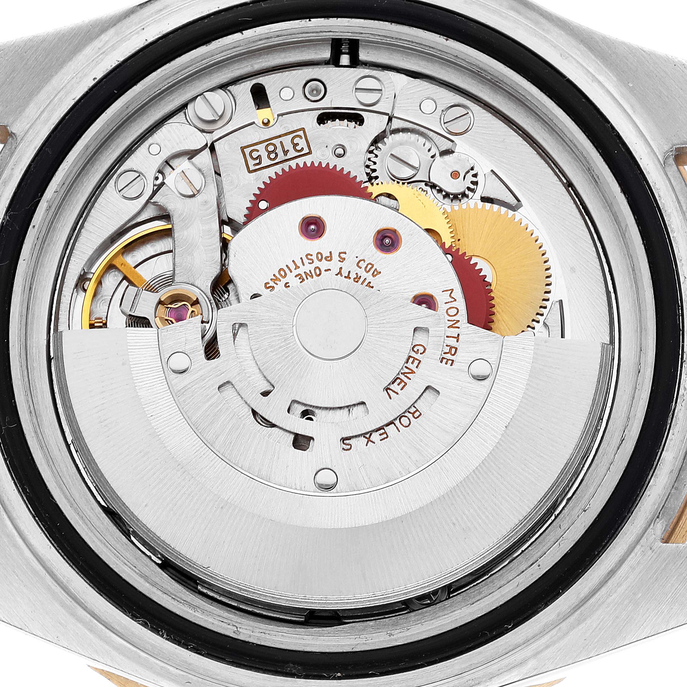 This image shows the inner movement mechanism of the Rolex GMT-Master 16713 Men's Steel and Gold (two tone) Grey Dial 16713 Men's Steel and Gold (two tone) Grey Dial watch.