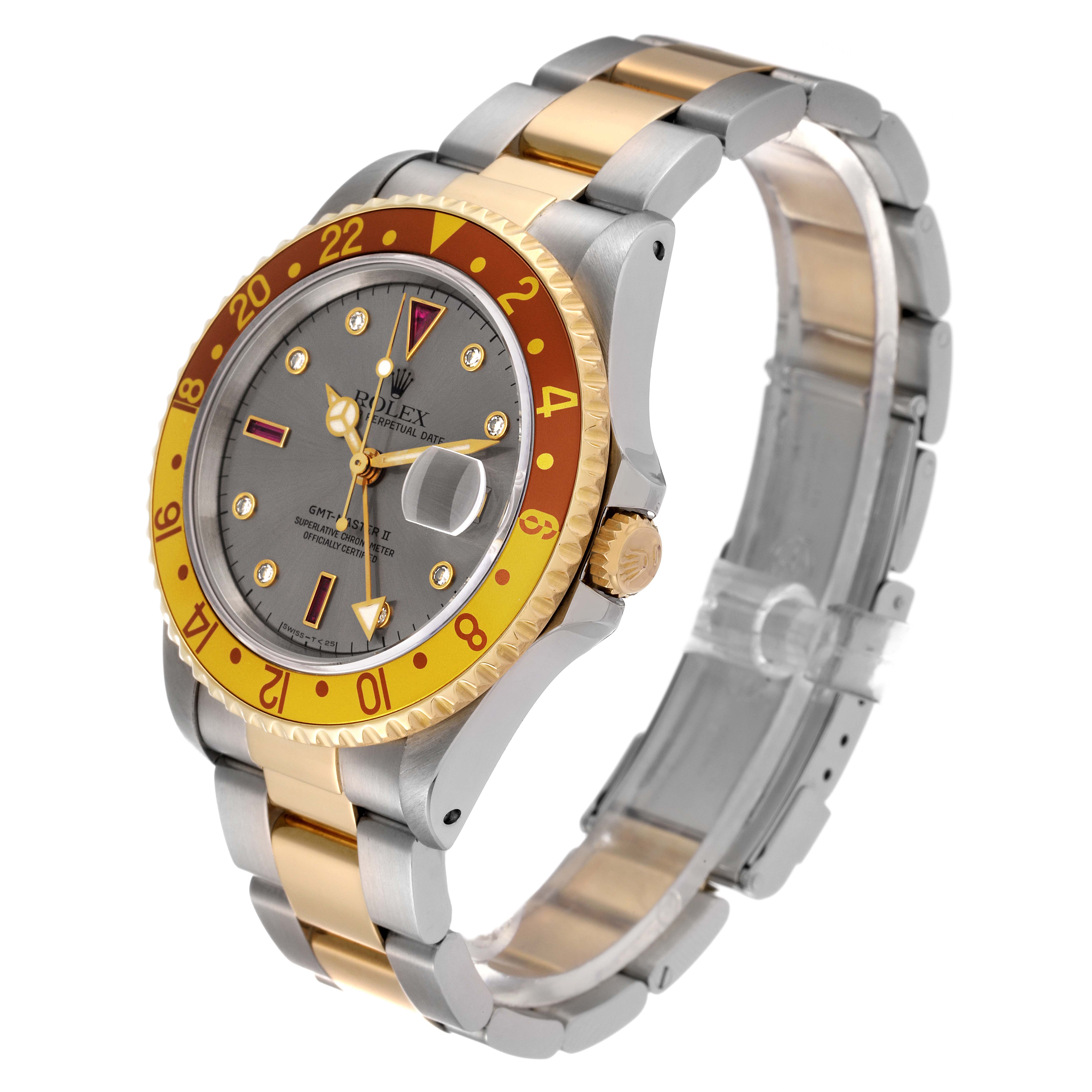 The image shows a side angle of the Rolex GMT-Master 16713 Men's Steel and Gold (two tone) Grey Dial 16713 Men's Steel and Gold (two tone) Grey Dial watch displaying the bezel, face, crown, and bracelet.
