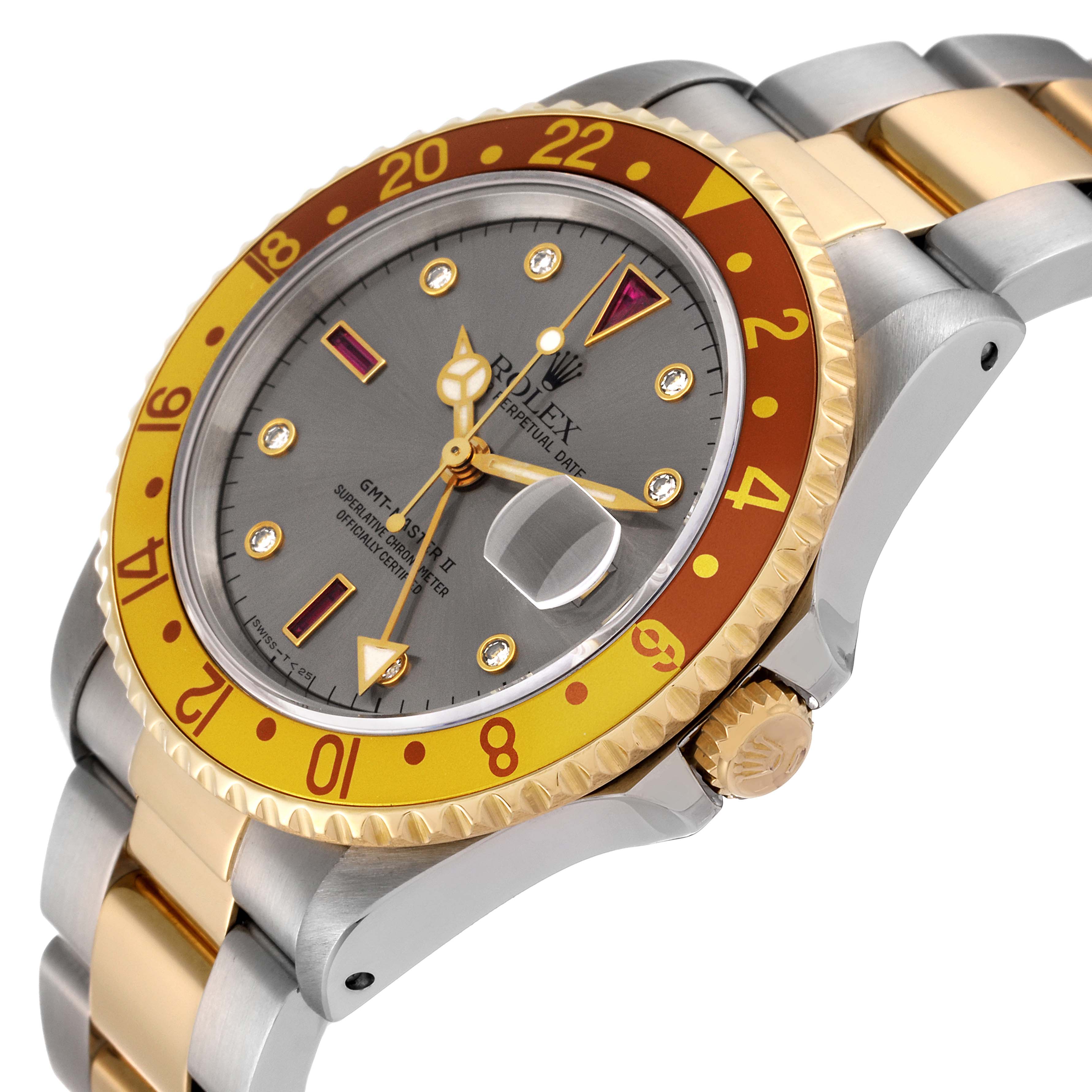 This image shows a Rolex GMT-Master 16713 Men's Steel and Gold (two tone) Grey Dial 16713 Men's Steel and Gold (two tone) Grey Dial II watch at an angled side view, highlighting the bezel, crown, and part of the bracelet.