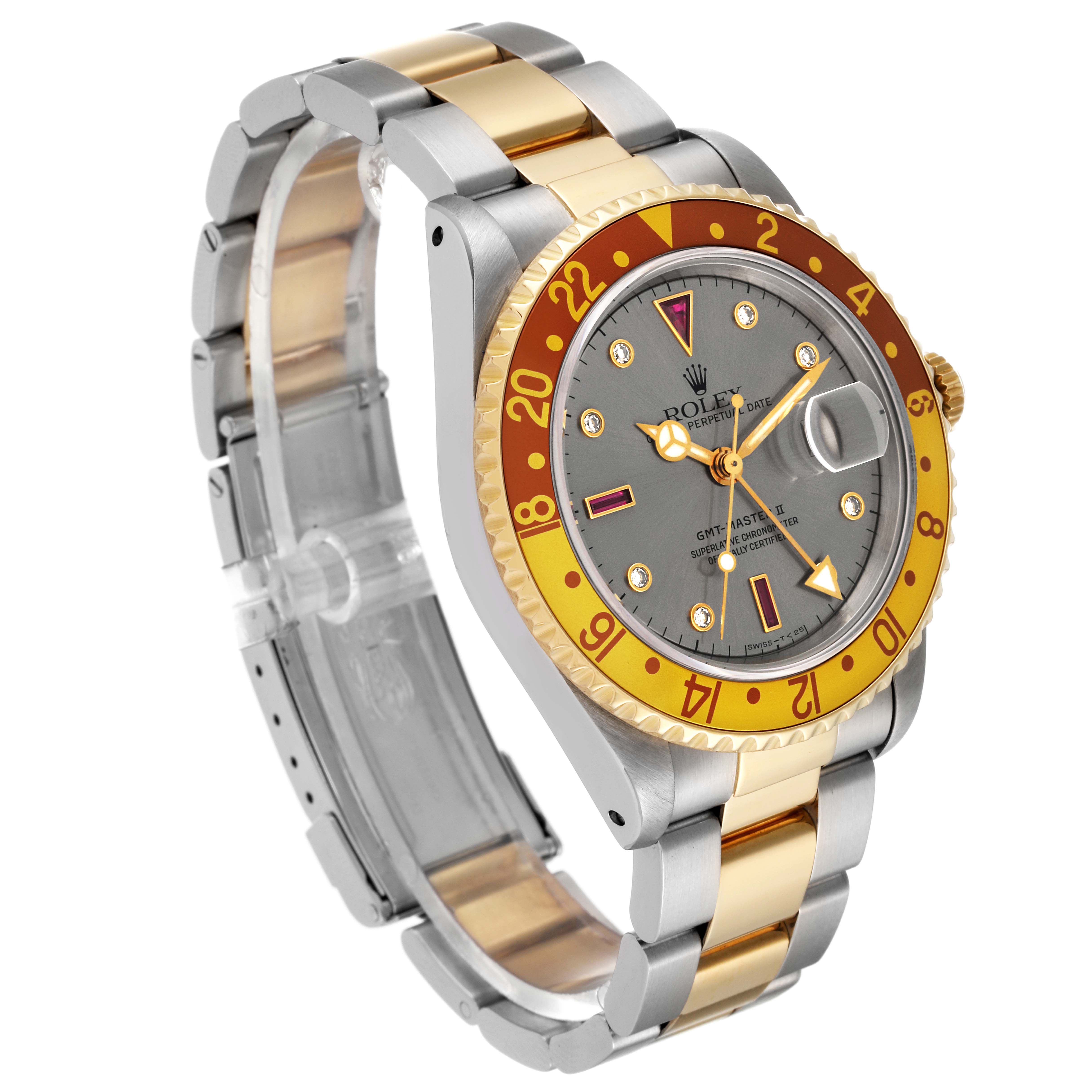 The image shows a Rolex GMT-Master 16713 Men's Steel and Gold (two tone) Grey Dial 16713 Men's Steel and Gold (two tone) Grey Dial watch at a slight angle, highlighting the bezel, dial, hands, and two-tone bracelet.