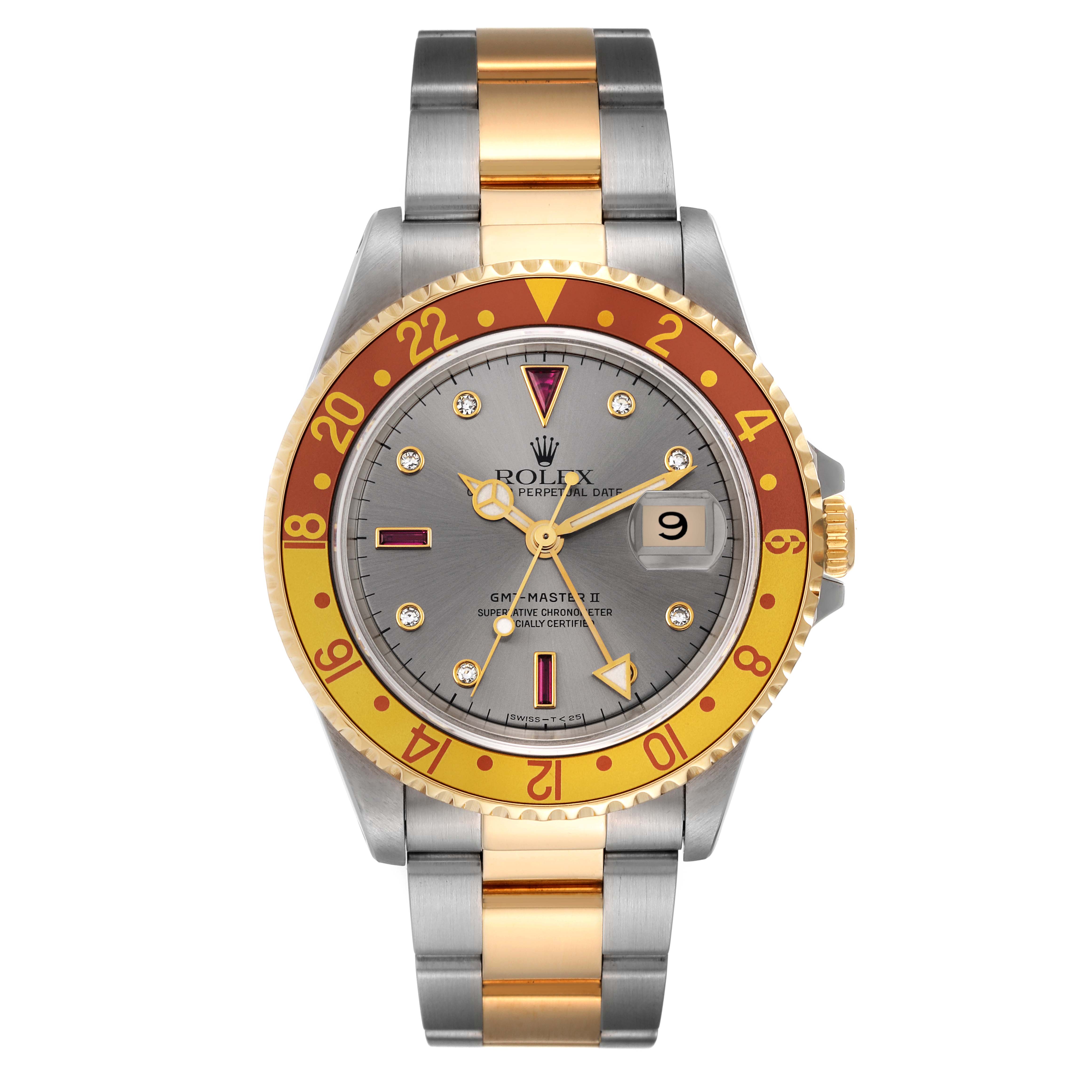 The Rolex GMT-Master 16713 Men's Steel and Gold (two tone) Grey Dial 16713 Men's Steel and Gold (two tone) Grey Dial watch is shown from the front, highlighting the dial, bezel, and two-tone bracelet.