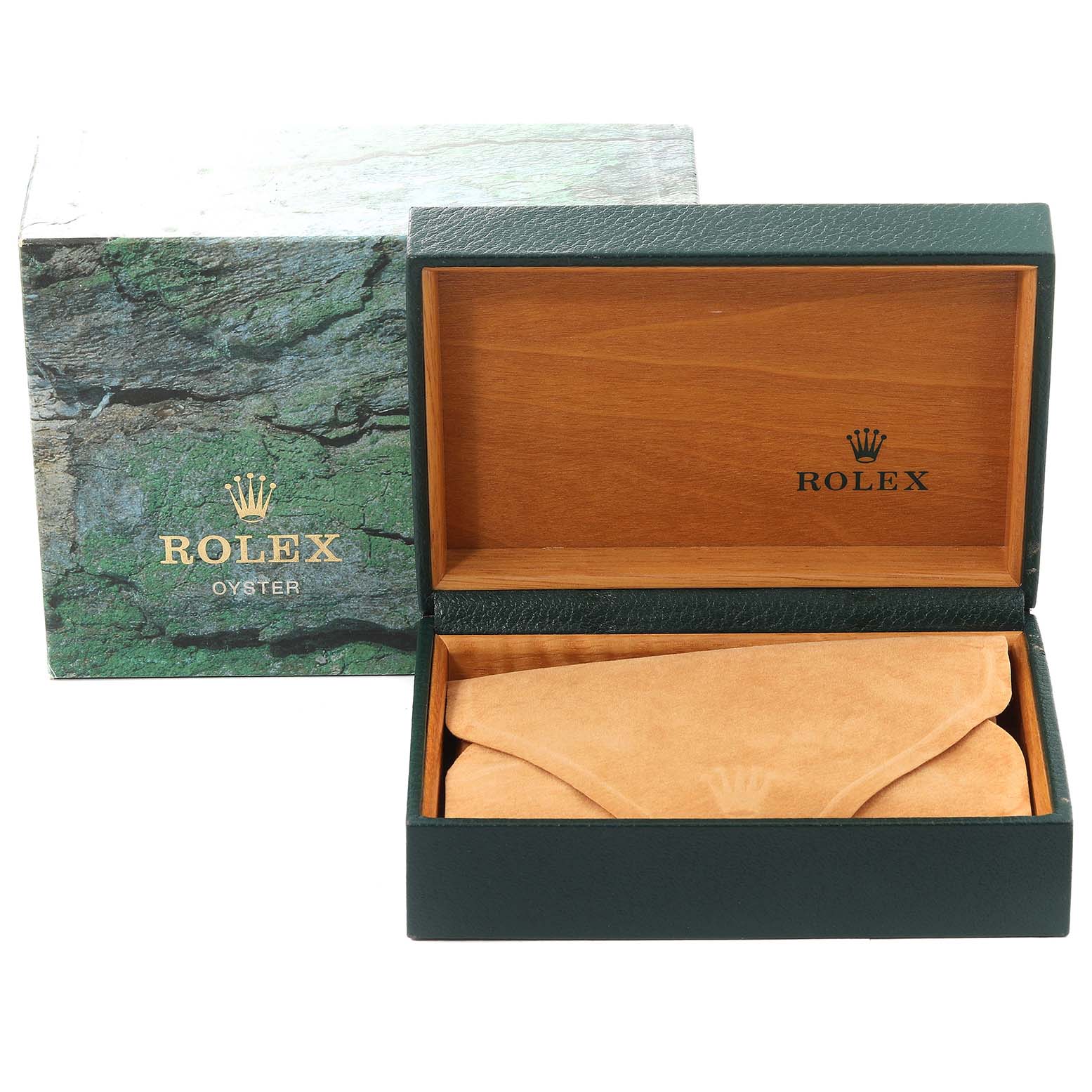 The image shows an open Rolex Oyster box for the GMT-Master model, revealing a suede pouch inside.