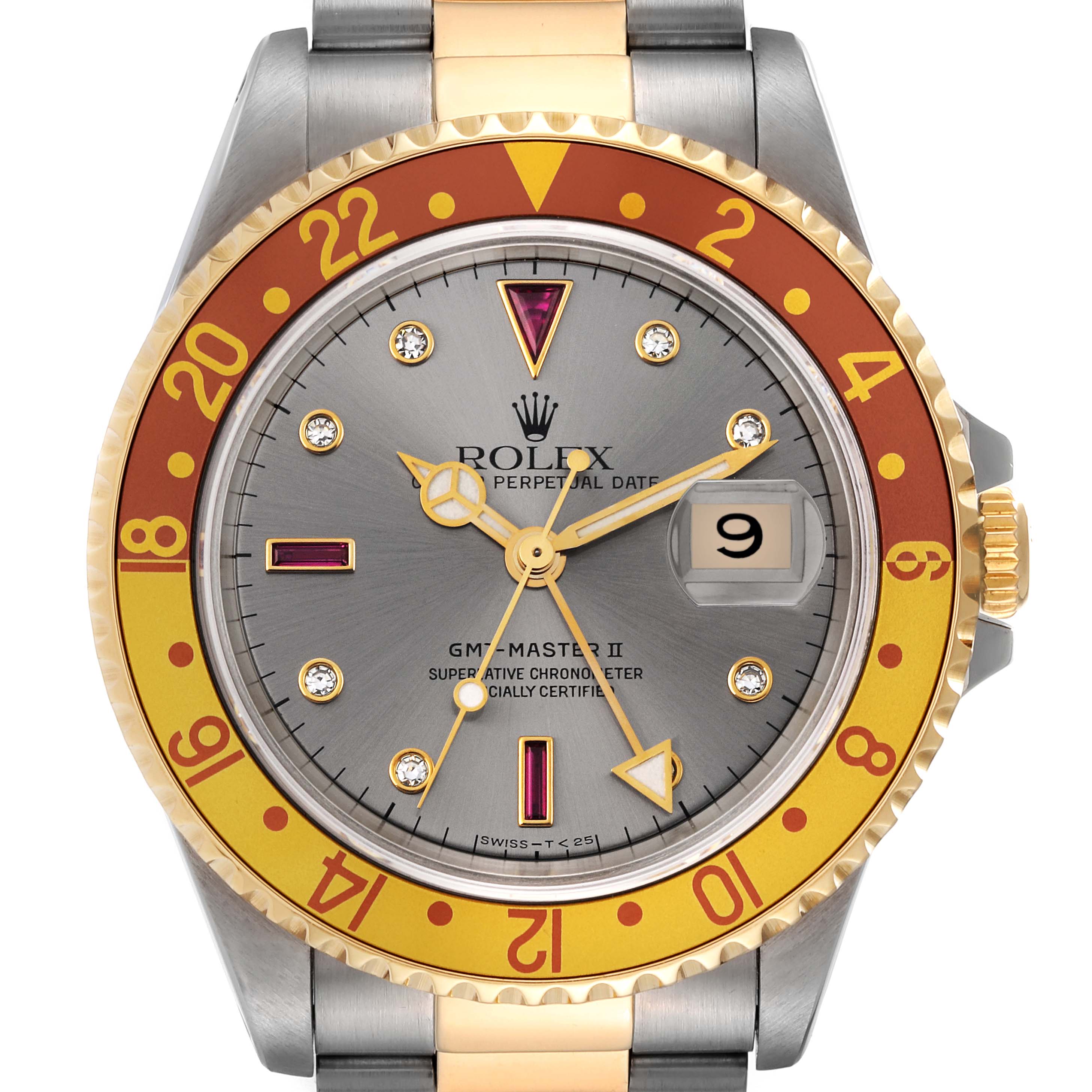 The image shows the face and bezel of a Rolex GMT-Master 16713 Men's Steel and Gold (two tone) Grey Dial 16713 Men's Steel and Gold (two tone) Grey Dial II watch with gold and steel detailing.