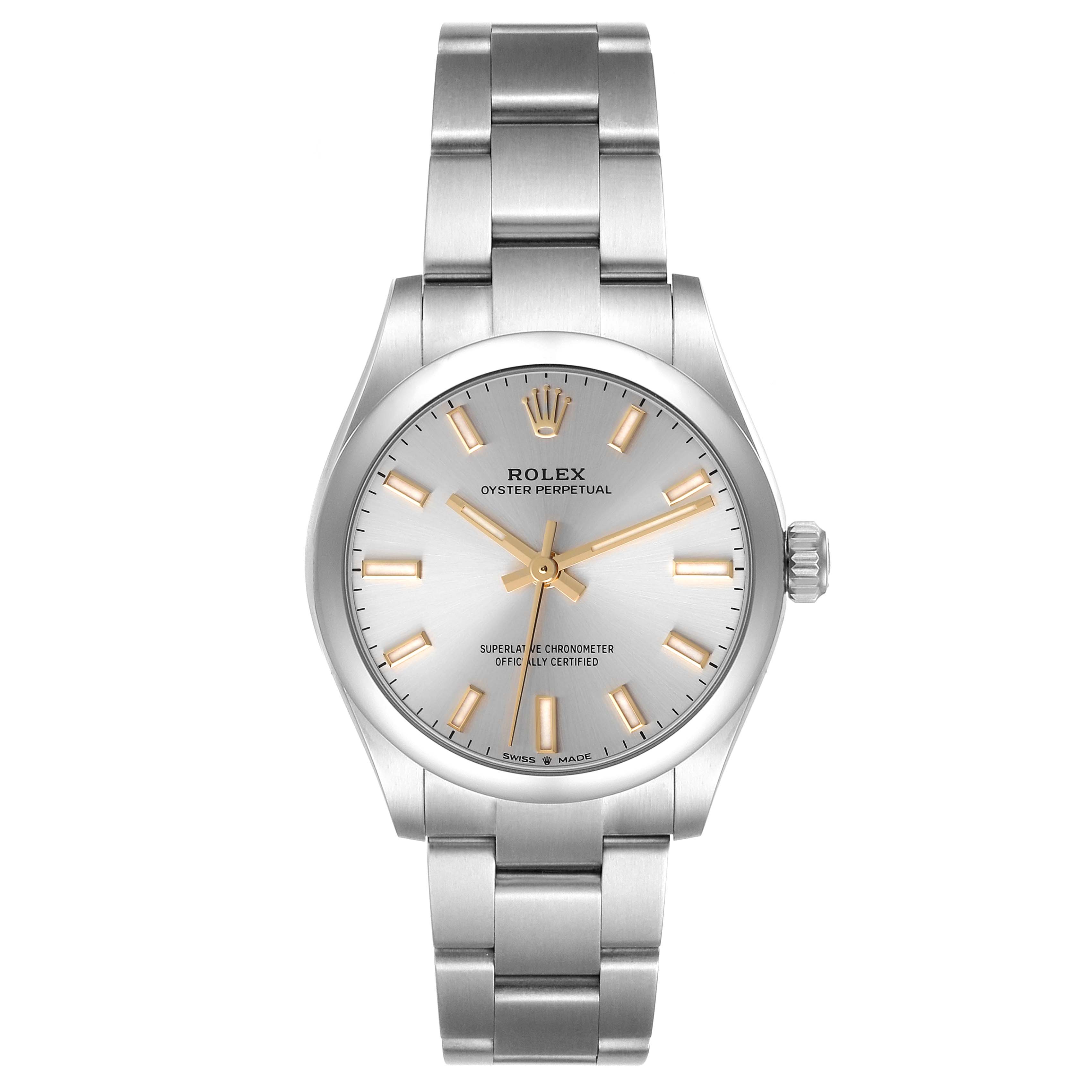 The image shows a frontal view of a Rolex Mid-Size 277200 Women
s Stainless Steel Silver Dial 277200 Women
s Stainless Steel Silver Dial Oyster Perpetual watch, including its face, bracelet, and crown.
