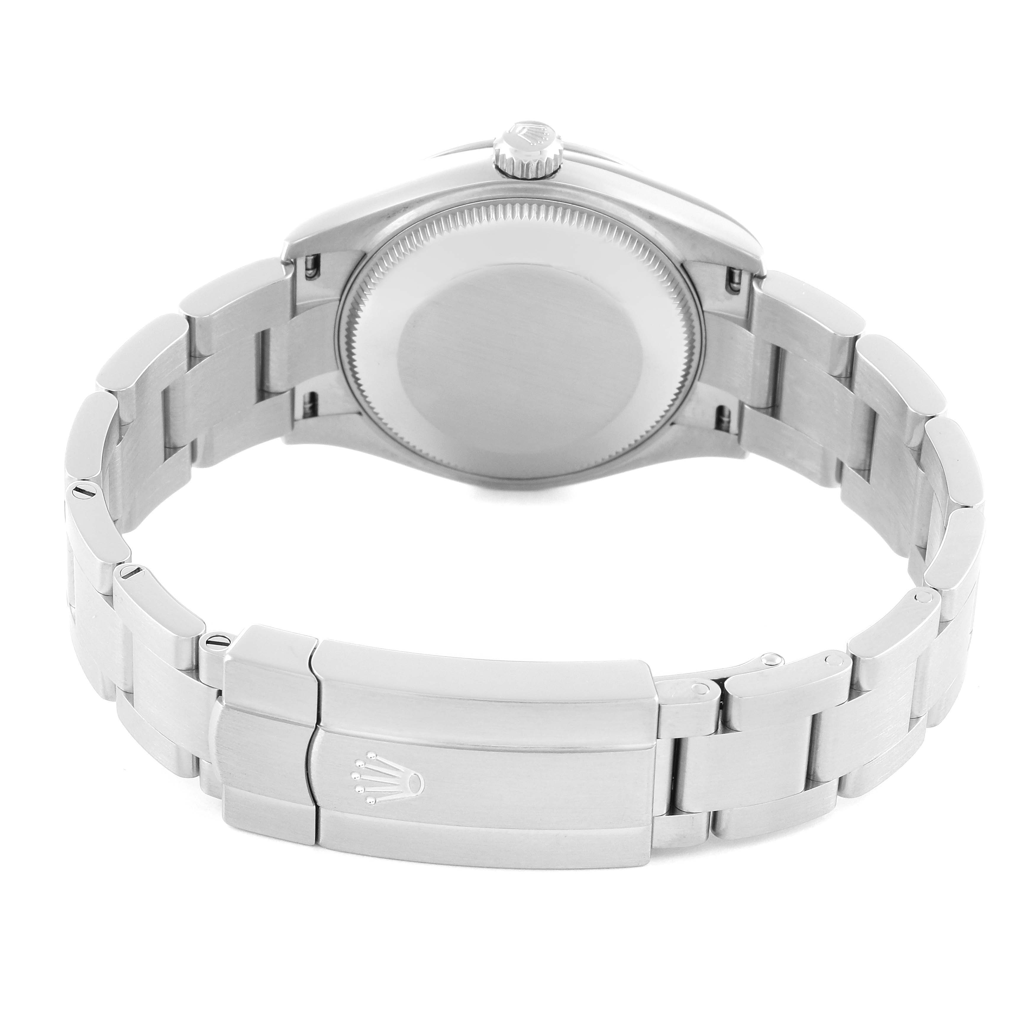 This image shows the back of a Rolex Mid-Size 277200 Women
s Stainless Steel Silver Dial 277200 Women
s Stainless Steel Silver Dial watch, highlighting the case back, crown, and bracelet clasp.