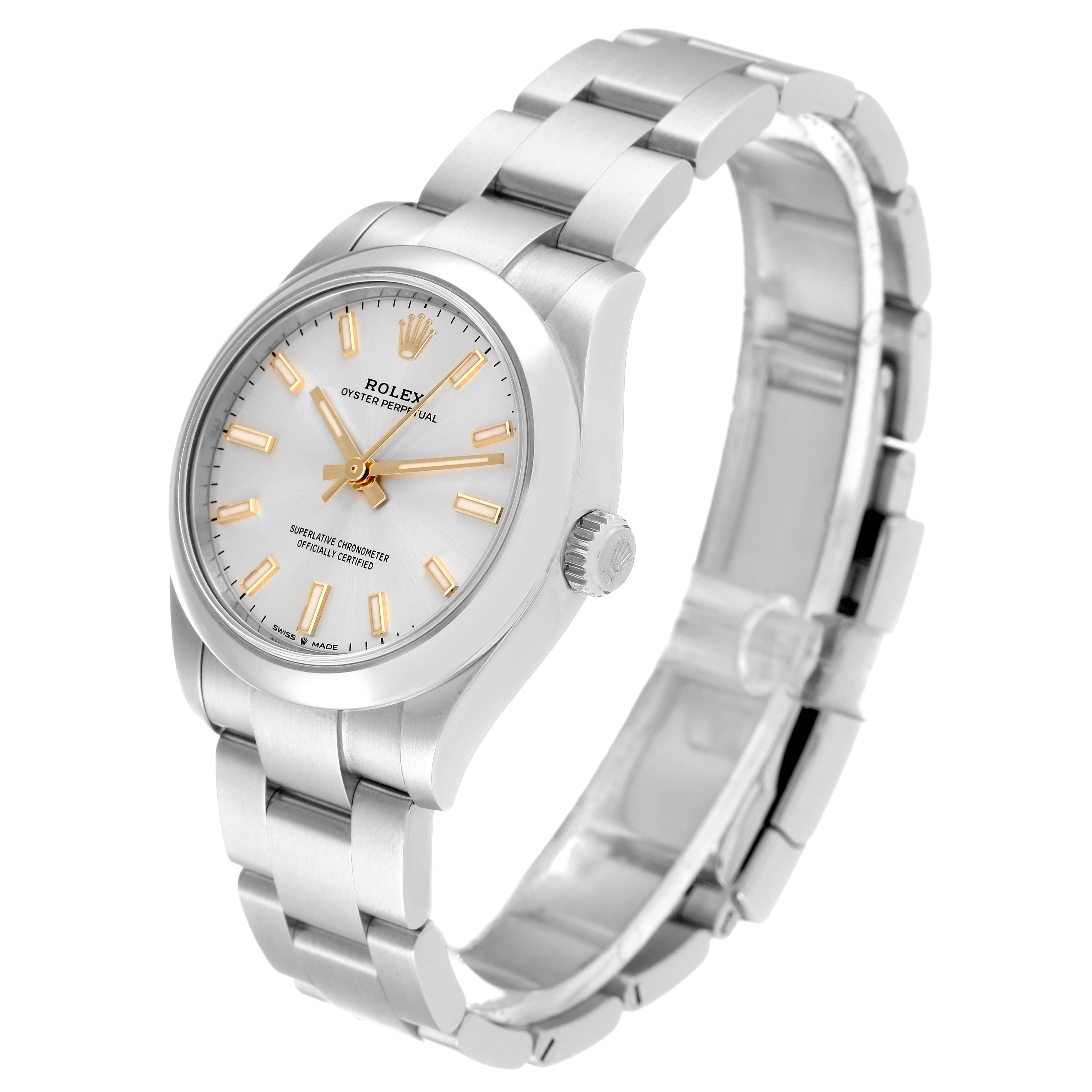 This image shows a Rolex Mid-Size 277200 Women
s Stainless Steel Silver Dial 277200 Women
s Stainless Steel Silver Dial Oyster Perpetual watch angled from the front left, displaying the dial, case, bracelet, and clasp.
