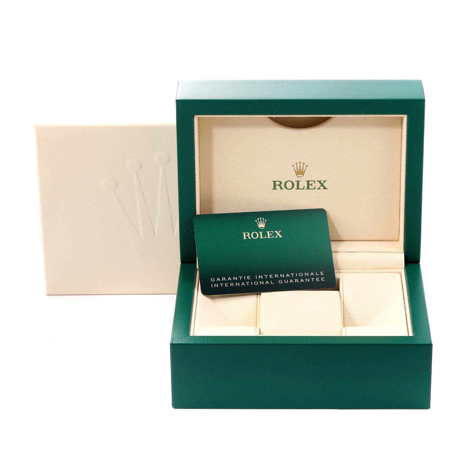 This image shows the open box and international guarantee card for a Mid-Size Rolex watch.