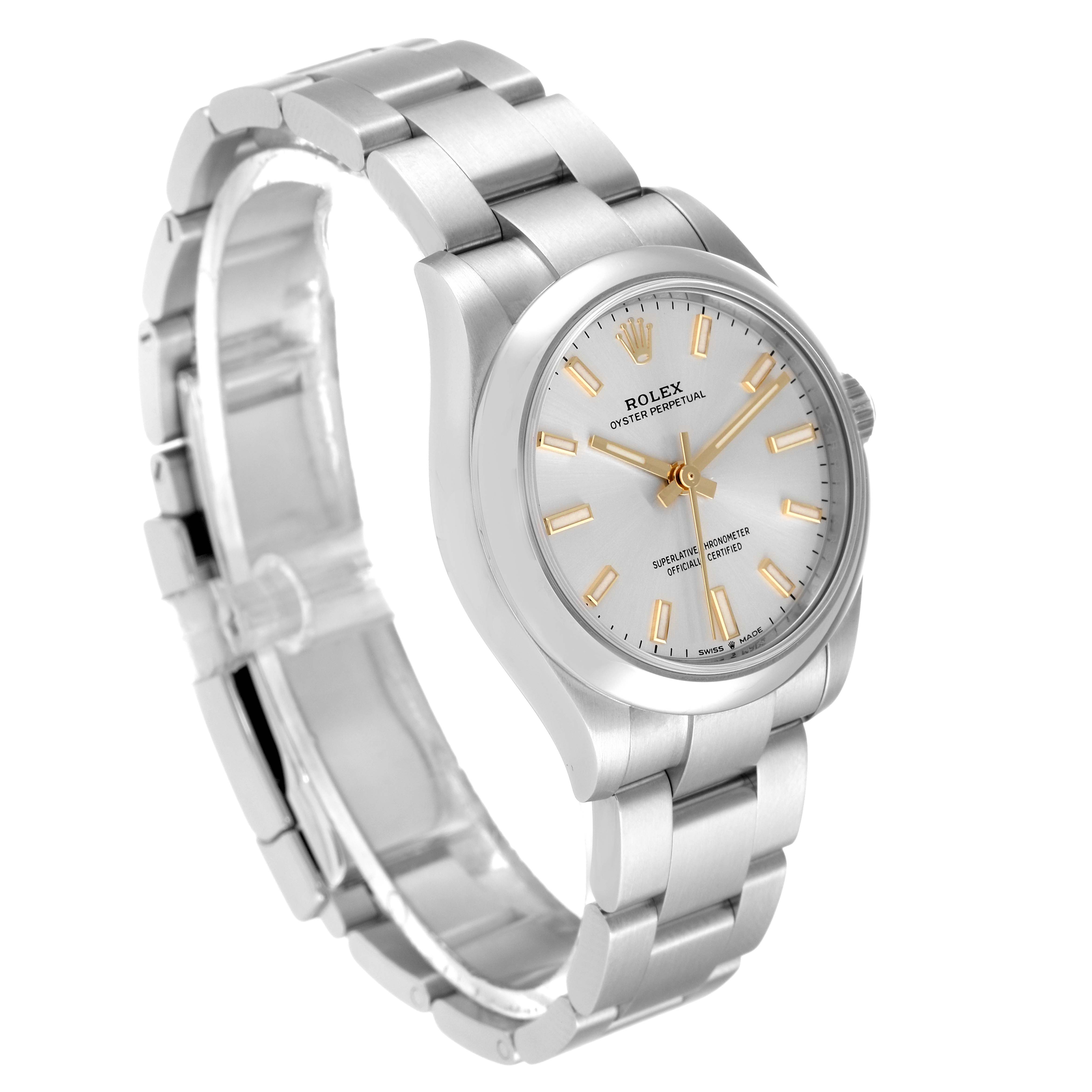 The image shows a mid-size Rolex Oyster Perpetual watch from a diagonal front angle, highlighting its dial and bracelet.