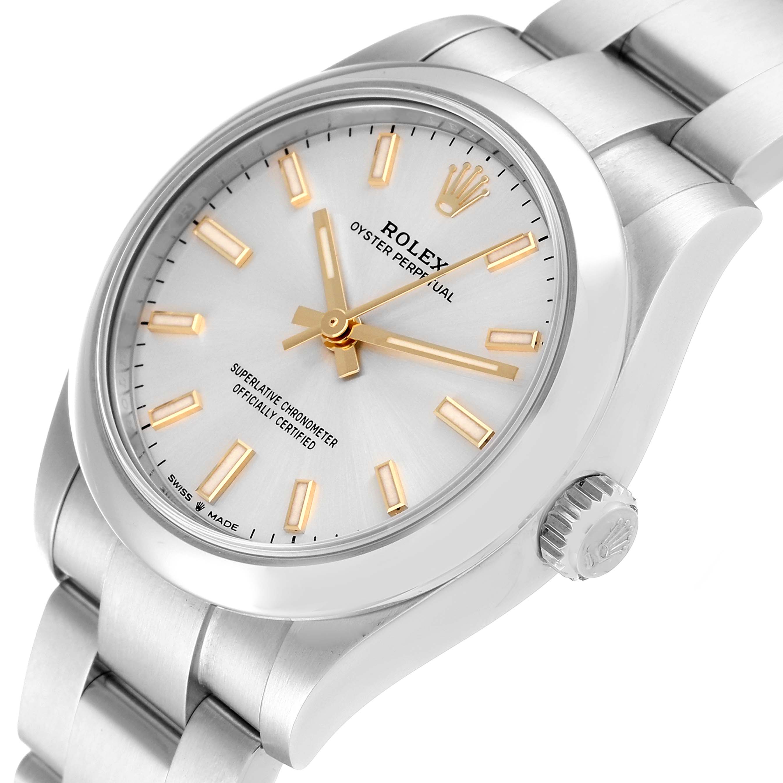 This is a close-up, angled view of the Rolex Mid-Size 277200 Women
s Stainless Steel Silver Dial 277200 Women
s Stainless Steel Silver Dial Oyster Perpetual watch, showing the dial, crown, and part of the bracelet.