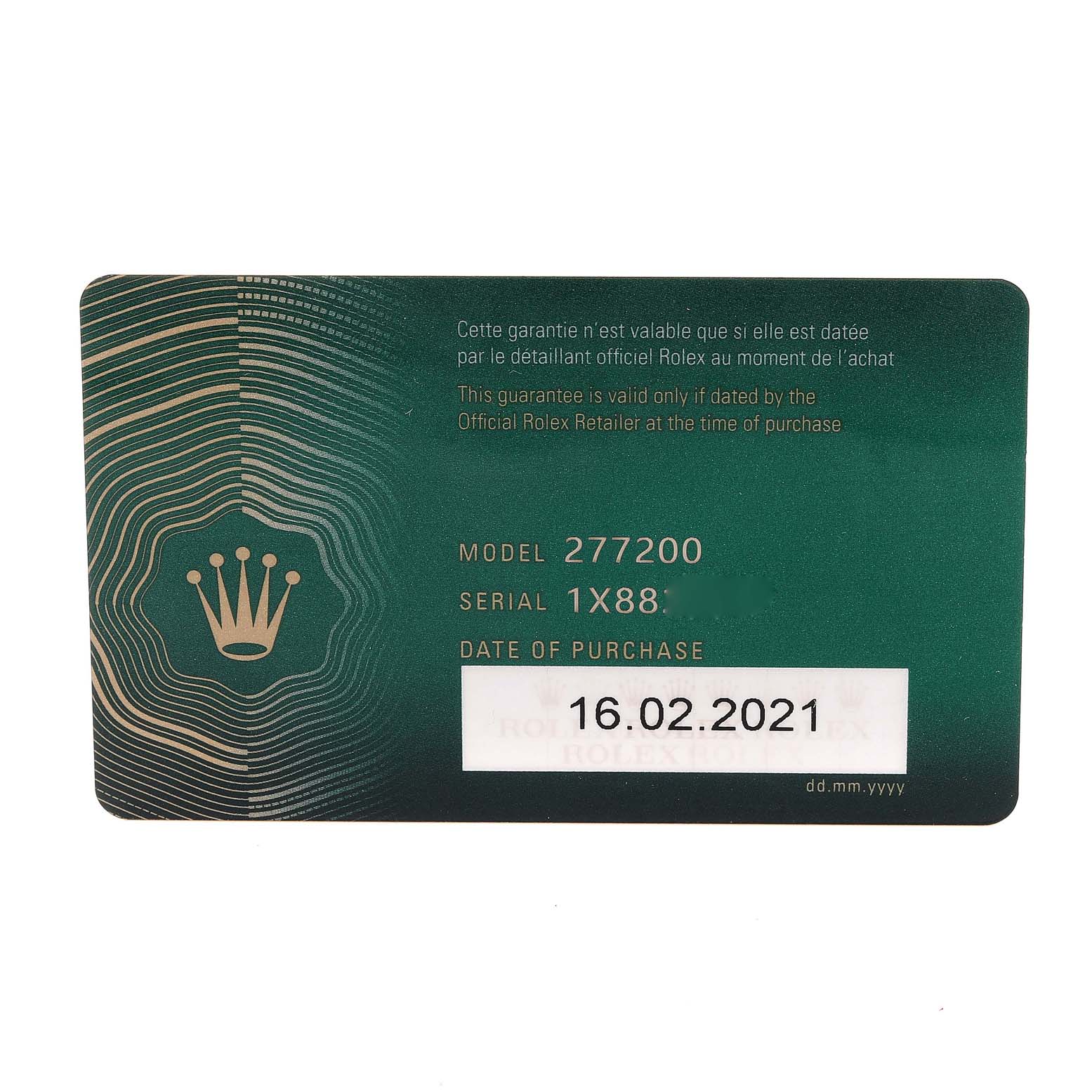 This image shows a warranty card for a Rolex Mid-Size 277200 Women
s Stainless Steel Silver Dial 277200 Women
s Stainless Steel Silver Dial model 277200, including its serial number and date of purchase.