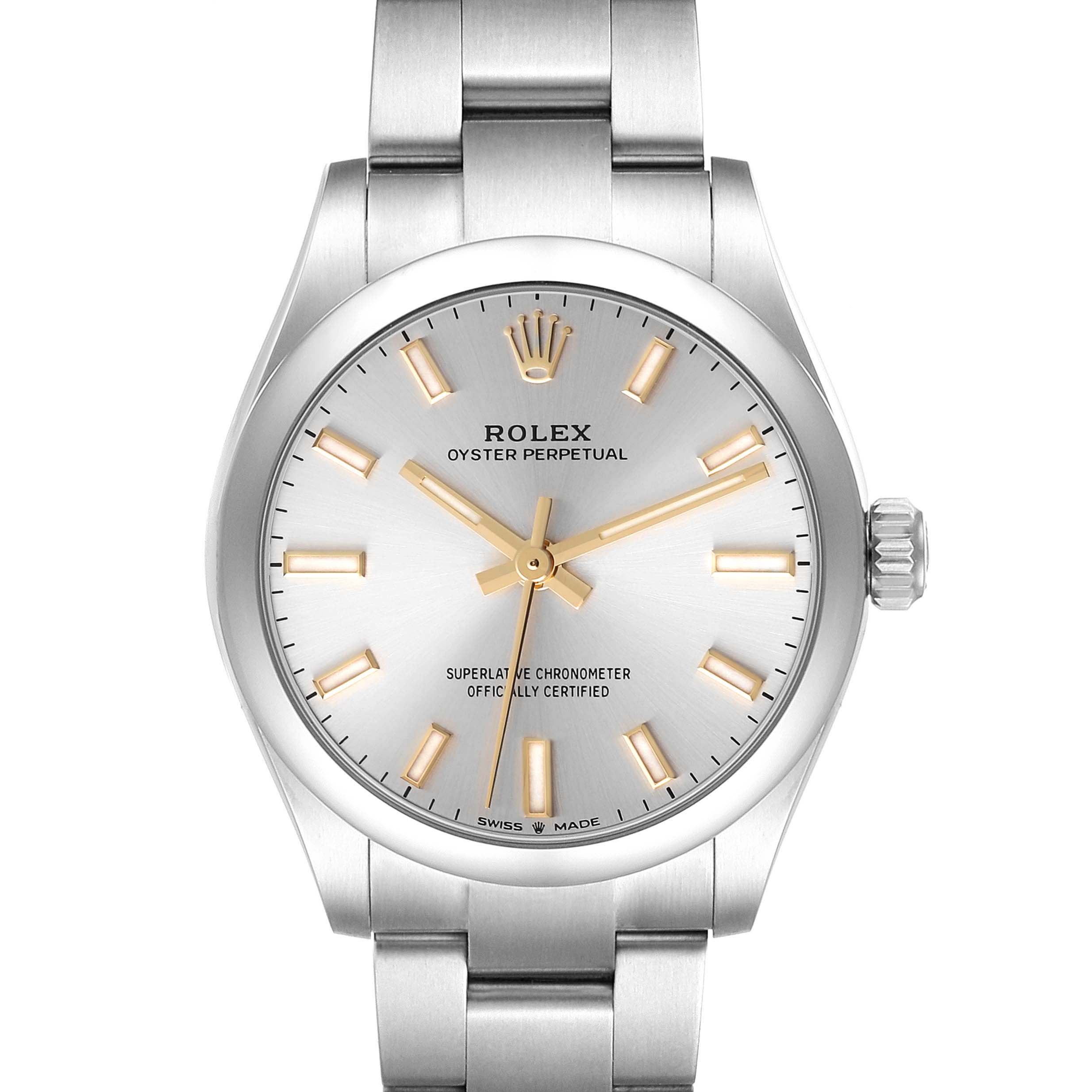 This image shows a frontal view of a Rolex Oyster Perpetual Mid-Size watch, highlighting its dial, case, bezel, and bracelet.
