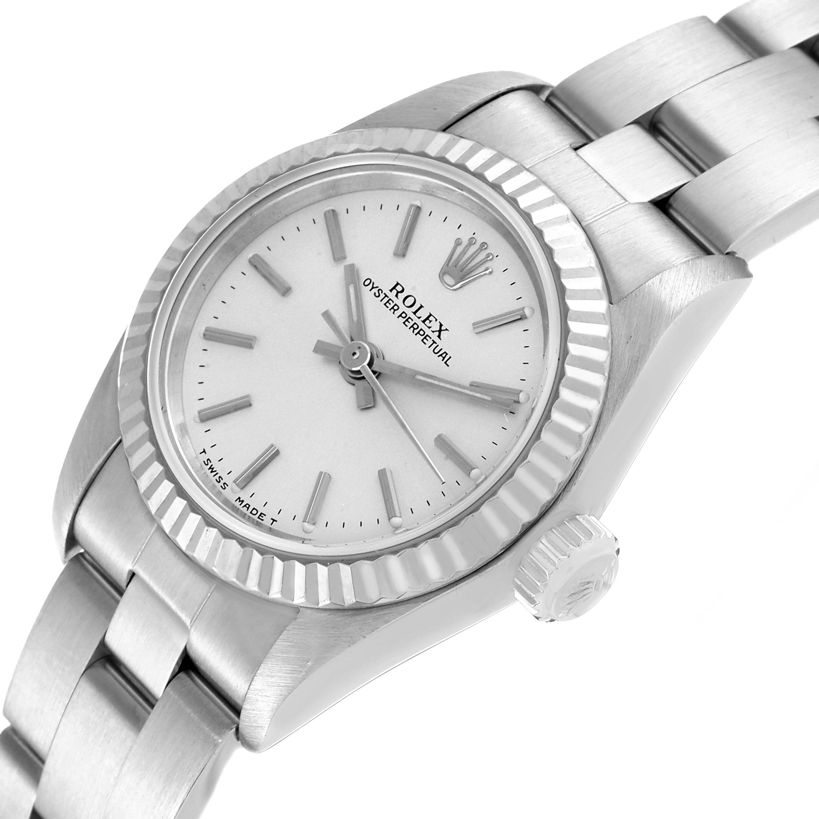This image shows a close-up angle of the Rolex Oyster Perpetual 67194 Women's Stainless Steel Silver Dial 67194 Women's Stainless Steel Silver Dial watch, displaying its dial, bezel, crown, and bracelet.