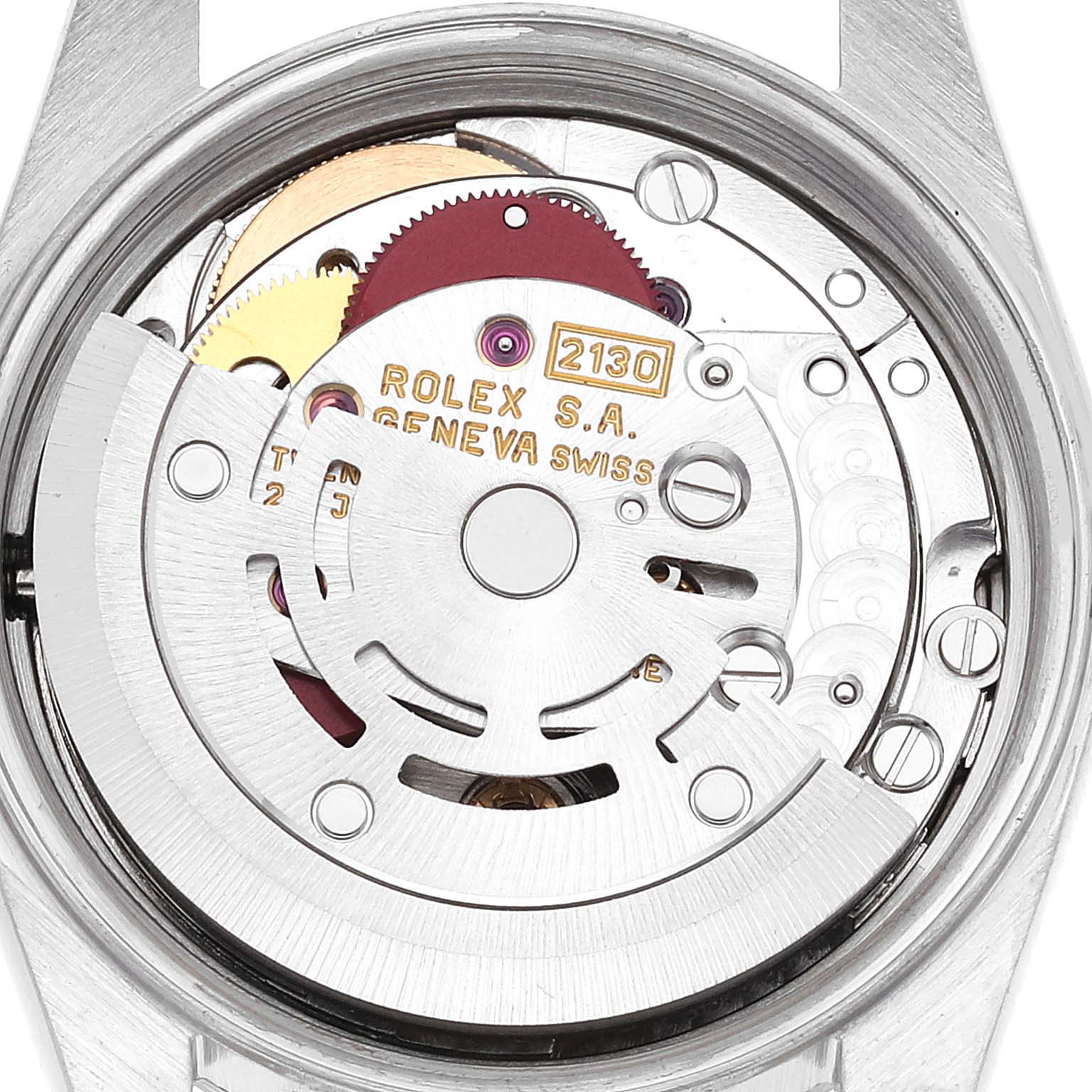 The image shows a close-up of the movement mechanism of the Rolex Oyster Perpetual 67194 Women's Stainless Steel Silver Dial 67194 Women's Stainless Steel Silver Dial watch from the back.