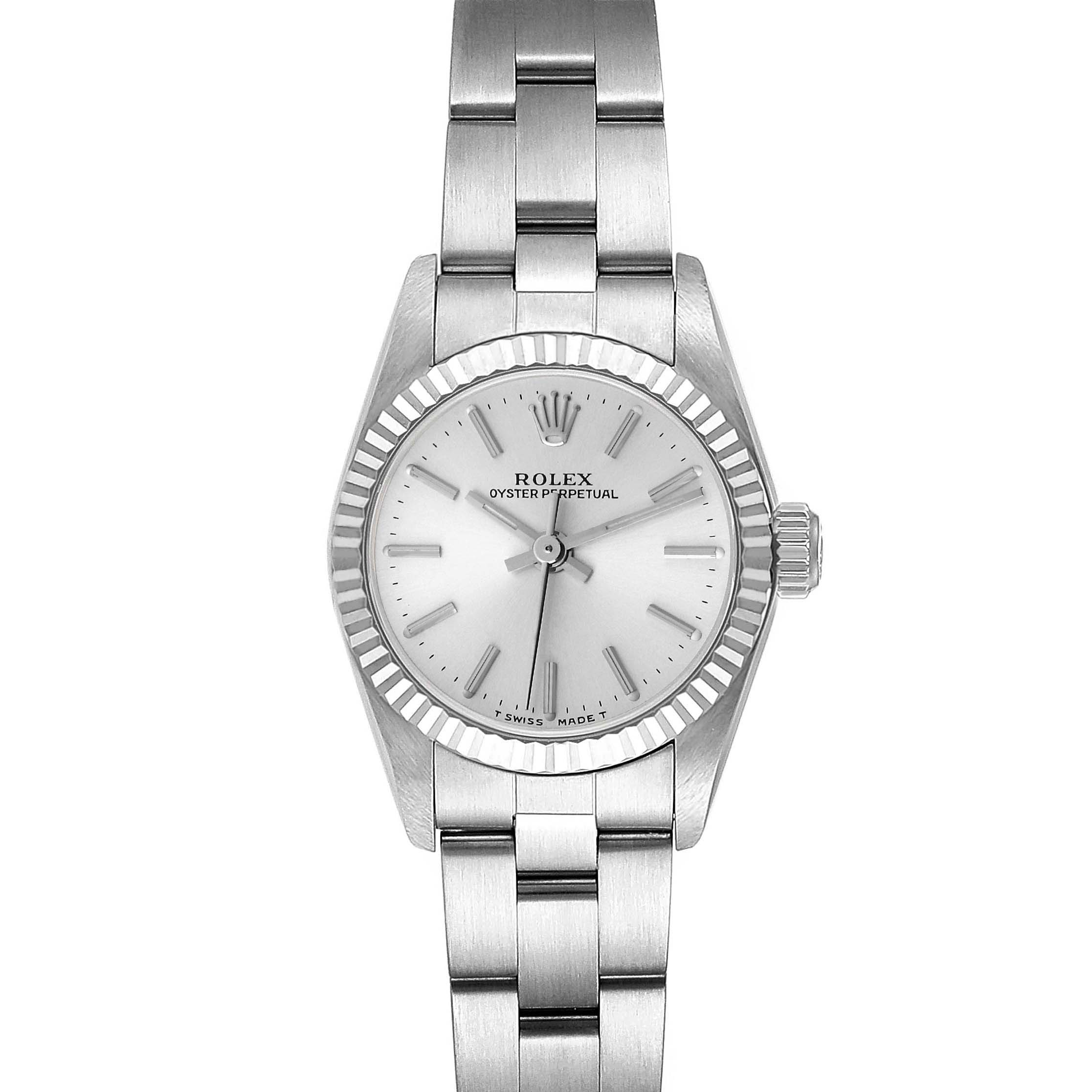 This image shows a Rolex Oyster Perpetual 67194 Women's Stainless Steel Silver Dial 67194 Women's Stainless Steel Silver Dial watch from a front angle, displaying the face, bezel, crown, and bracelet.