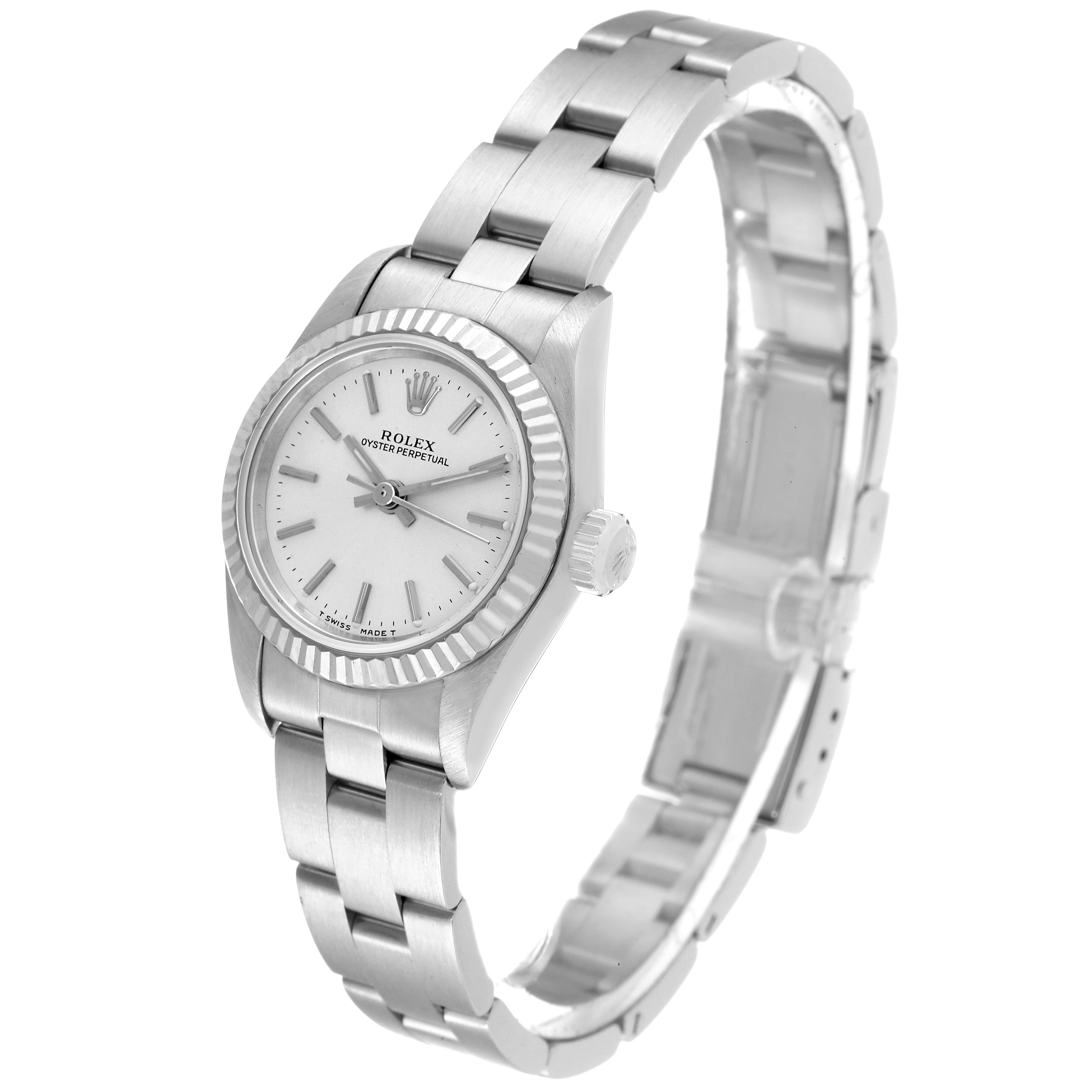 The Rolex Oyster Perpetual 67194 Women's Stainless Steel Silver Dial 67194 Women's Stainless Steel Silver Dial watch is shown at a three-quarter angle, displaying the face, bezel, crown, and bracelet.