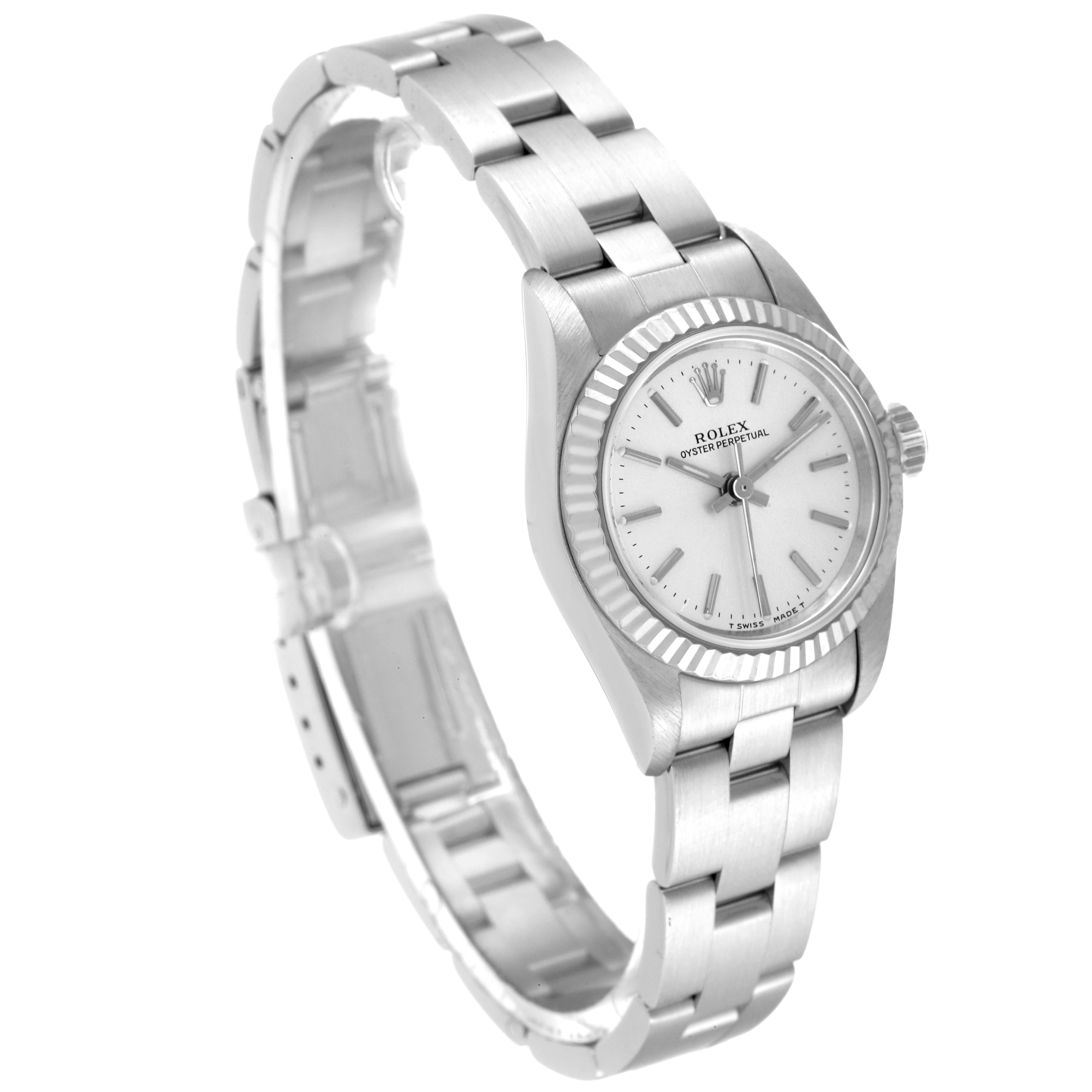 The image shows a Rolex Oyster Perpetual 67194 Women's Stainless Steel Silver Dial 67194 Women's Stainless Steel Silver Dial watch at an angled side view, featuring the wristband and face.