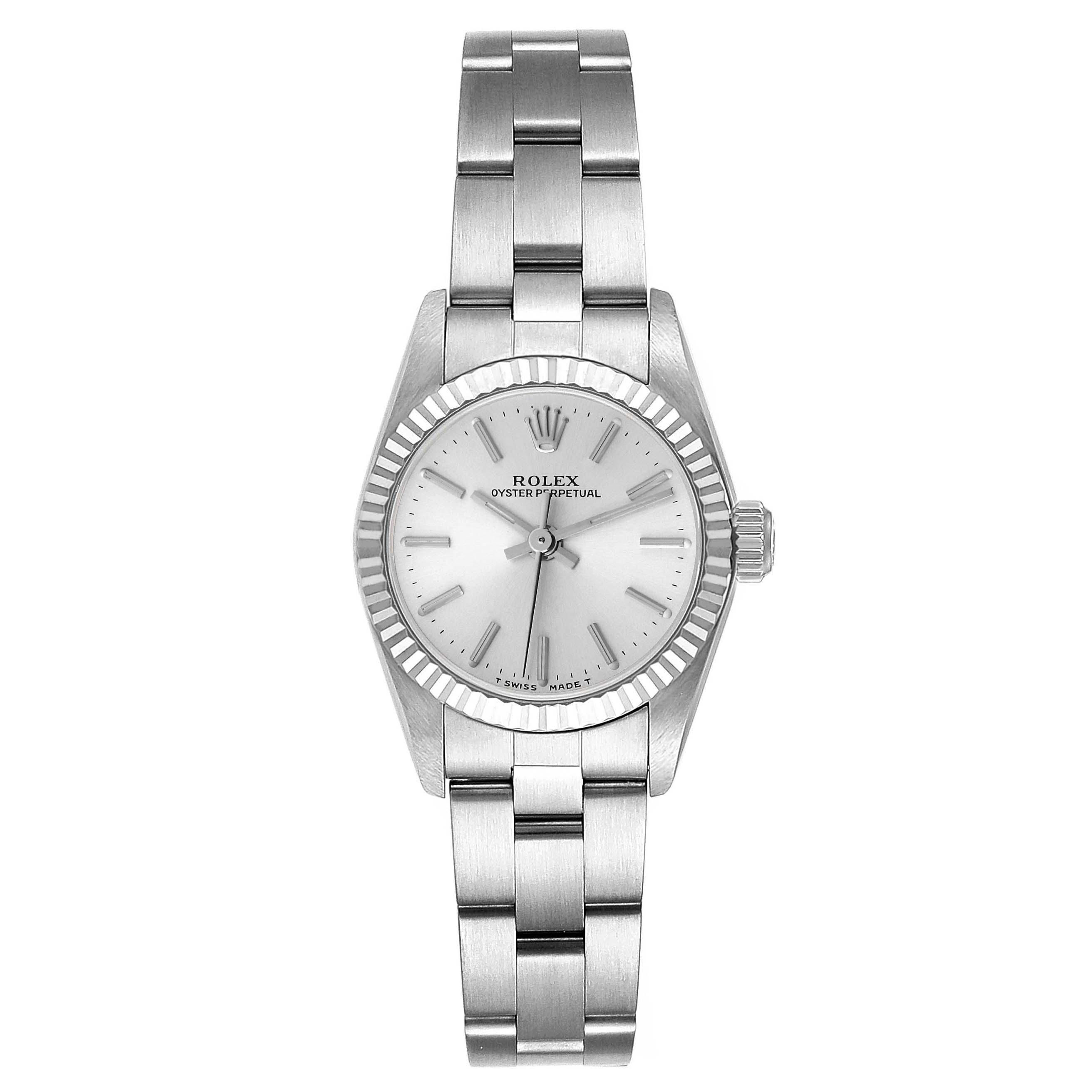 This image shows a front view of a Rolex Oyster Perpetual 67194 Women's Stainless Steel Silver Dial 67194 Women's Stainless Steel Silver Dial watch, including the dial, bezel, and bracelet.