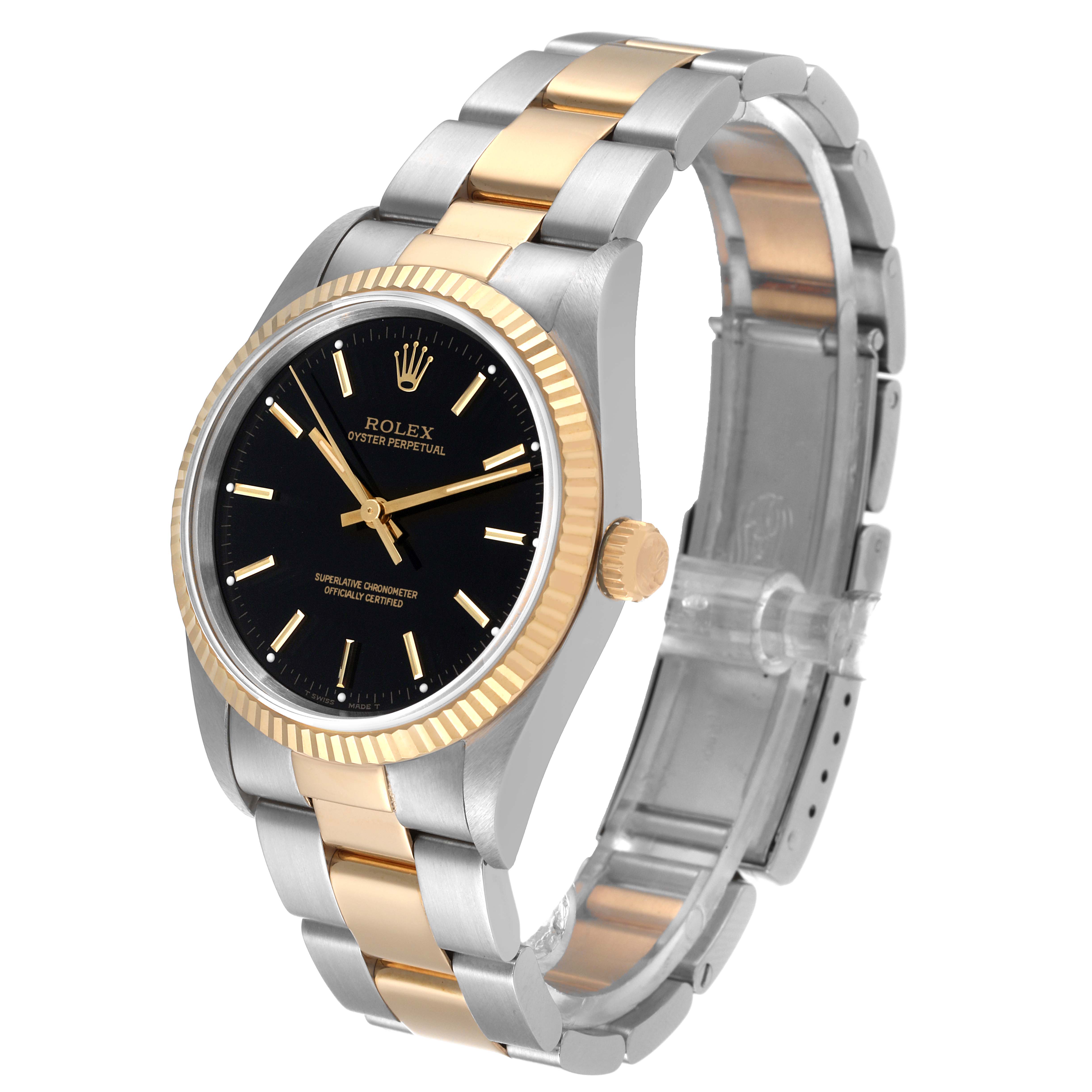 The Rolex Oyster Perpetual 14233 Men's Steel and Gold (two tone) Black Dial 14233 Men's Steel and Gold (two tone) Black Dial watch is displayed at an angled side view, showing the black dial, crown, two-tone bracelet, and fluted bezel.
