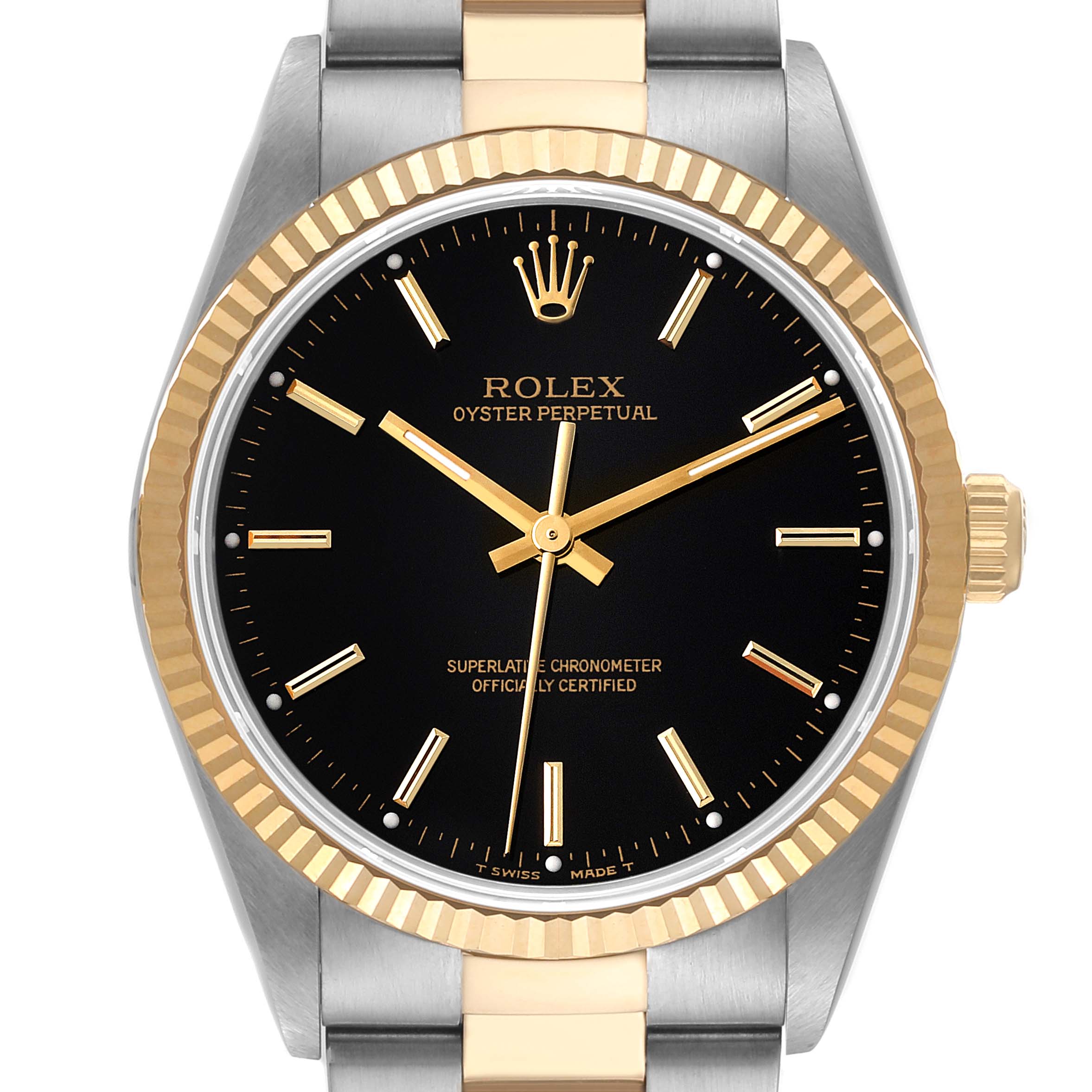 This image shows a front view of the Rolex Oyster Perpetual 14233 Men's Steel and Gold (two tone) Black Dial 14233 Men's Steel and Gold (two tone) Black Dial watch, highlighting its black dial, gold bezel, and two-tone bracelet.