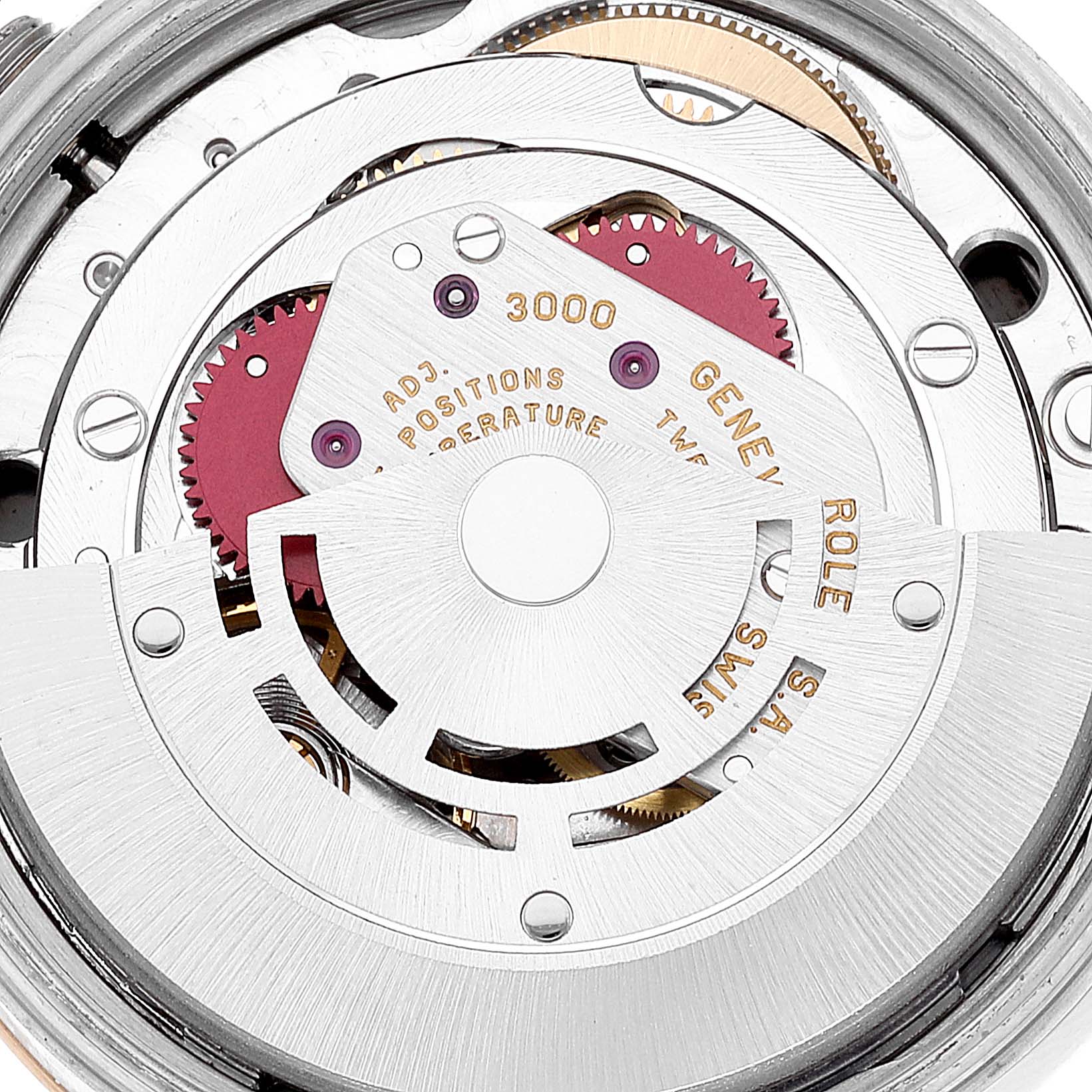 The image shows a close-up view of the movement mechanism of a Rolex Oyster Perpetual 14233 Men's Steel and Gold (two tone) Black Dial 14233 Men's Steel and Gold (two tone) Black Dial watch.