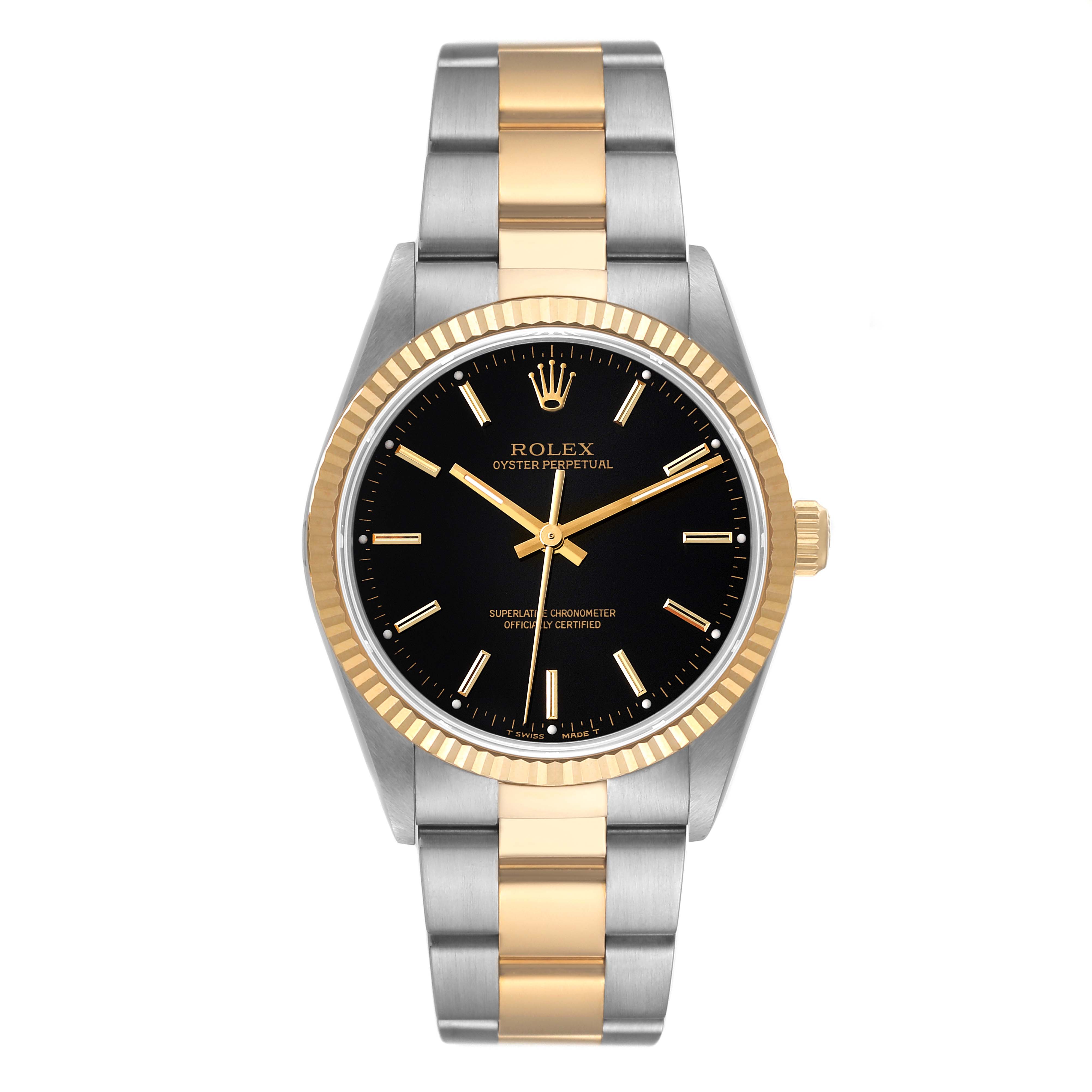 This image shows a front view of the Rolex Oyster Perpetual 14233 Men's Steel and Gold (two tone) Black Dial 14233 Men's Steel and Gold (two tone) Black Dial watch with a black dial and a two-tone bracelet.