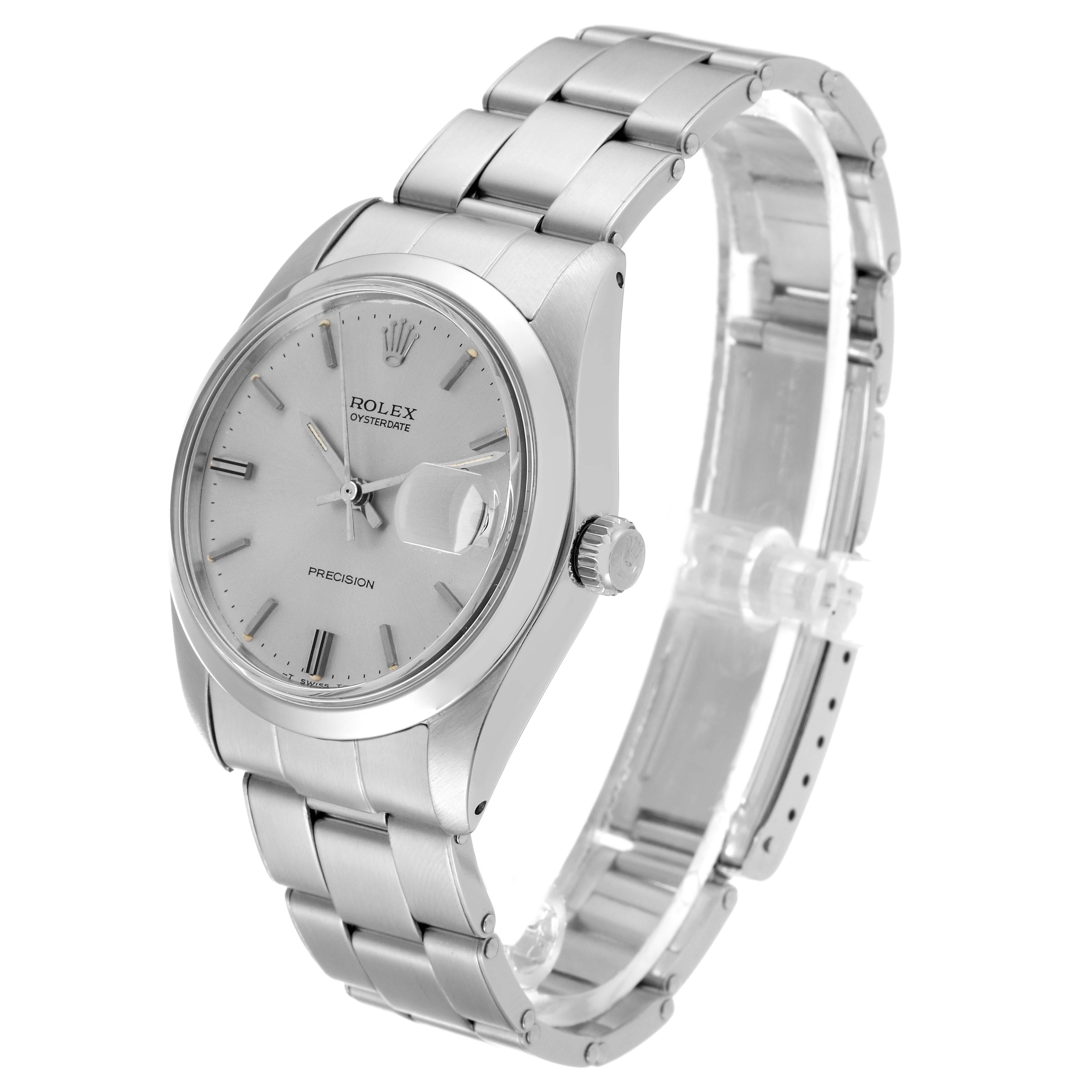 The image shows a side view of the Rolex Vintage Collection 6694 Men's Stainless Steel Silver Dial 6694 Men's Stainless Steel Silver Dial model, highlighting the dial, crown, and bracelet.