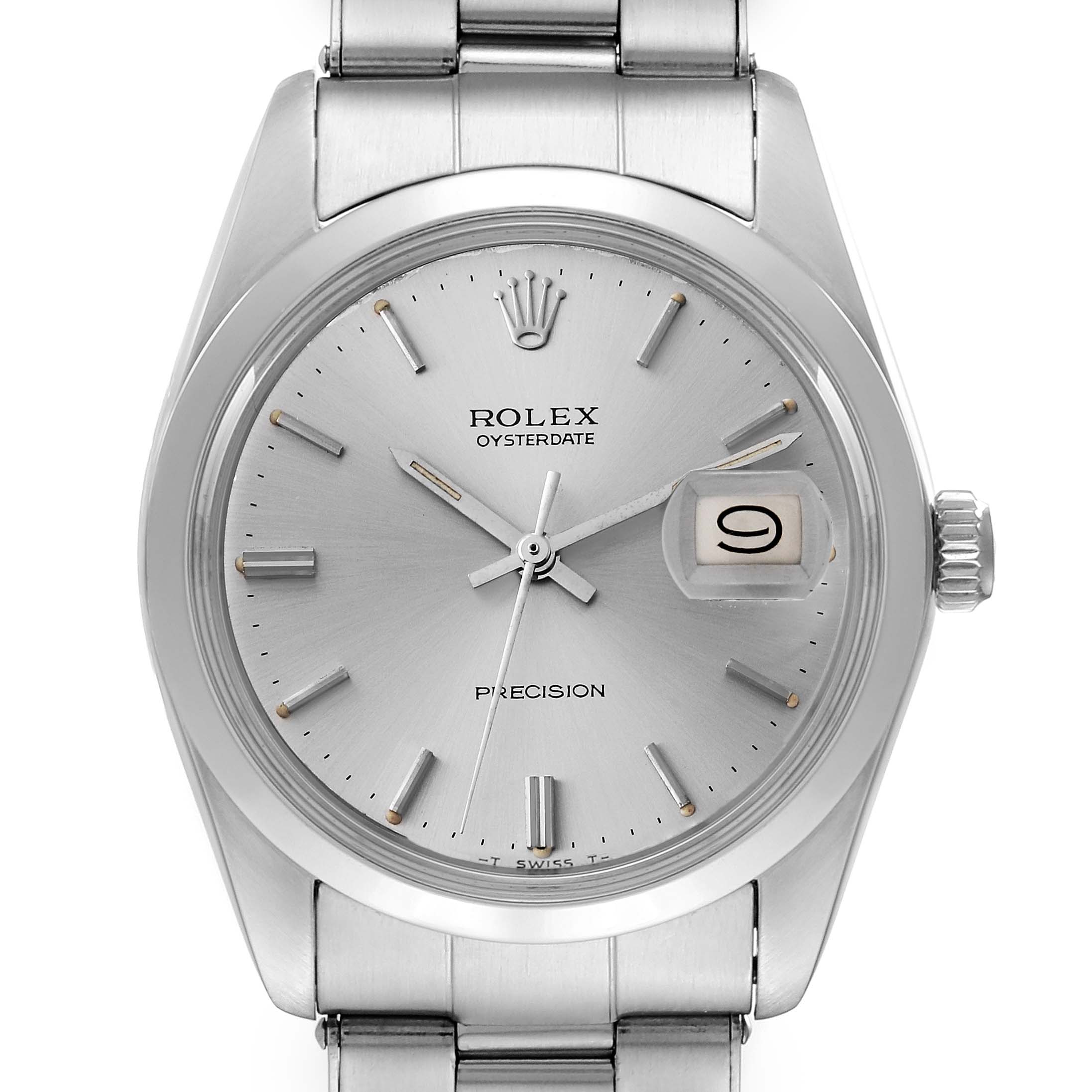 This is a front view of a Rolex Vintage Collection 6694 Men's Stainless Steel Silver Dial 6694 Men's Stainless Steel Silver Dial Oysterdate watch, showcasing its dial, hands, date window, and crown.