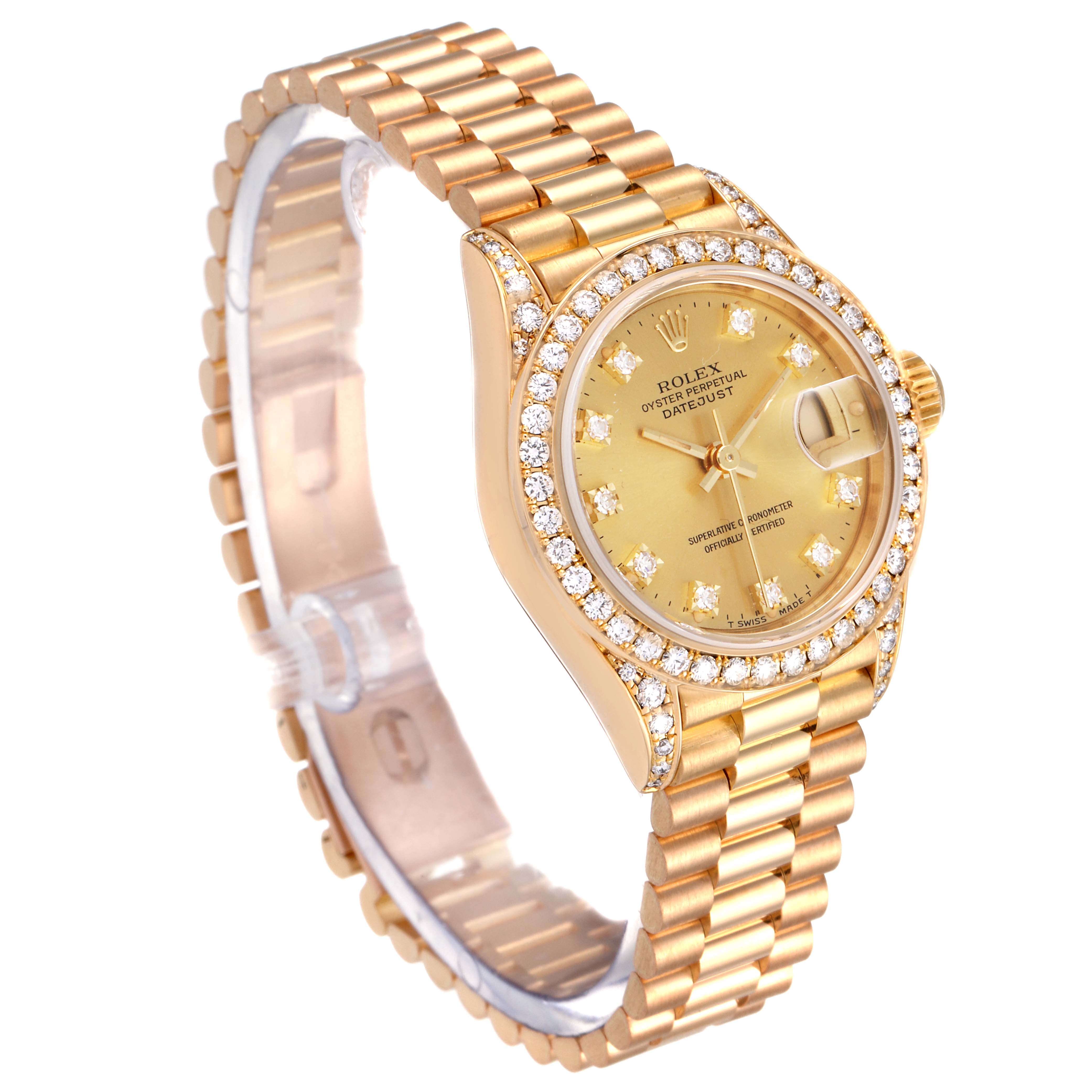 The image shows a gold Rolex President 69158 Women
s Yellow Gold Champagne Dial 69158 Women
s Yellow Gold Champagne Dial model watch at a 3/4 angle, highlighting its diamond-studded bezel and bracelet.