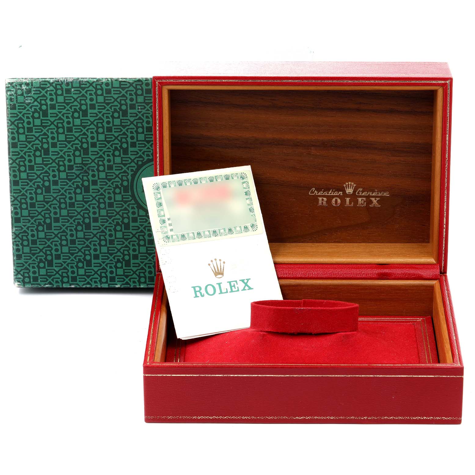 The image shows an open Rolex President 69158 Women
s Yellow Gold Champagne Dial 69158 Women
s Yellow Gold Champagne Dial model watch box with a warranty card and green outer box.