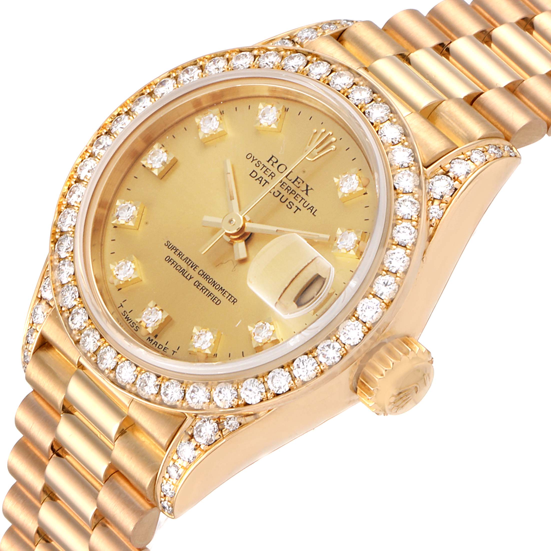 This image shows a President model Rolex watch from a top-right angled view, highlighting the dial, bezel, crown, and part of the bracelet.