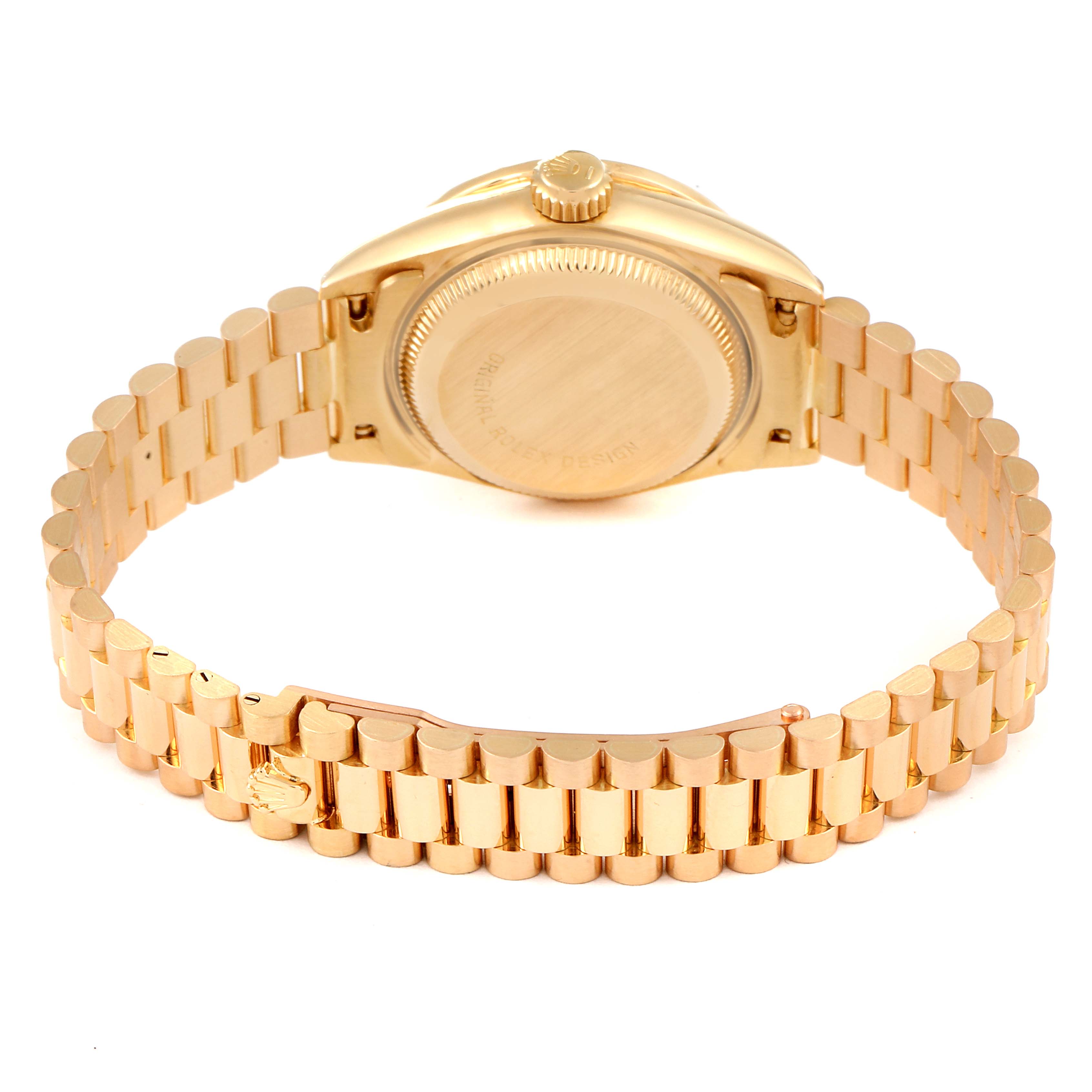 This image shows the back case and bracelet of a Rolex President 69158 Women
s Yellow Gold Champagne Dial 69158 Women
s Yellow Gold Champagne Dial model watch.