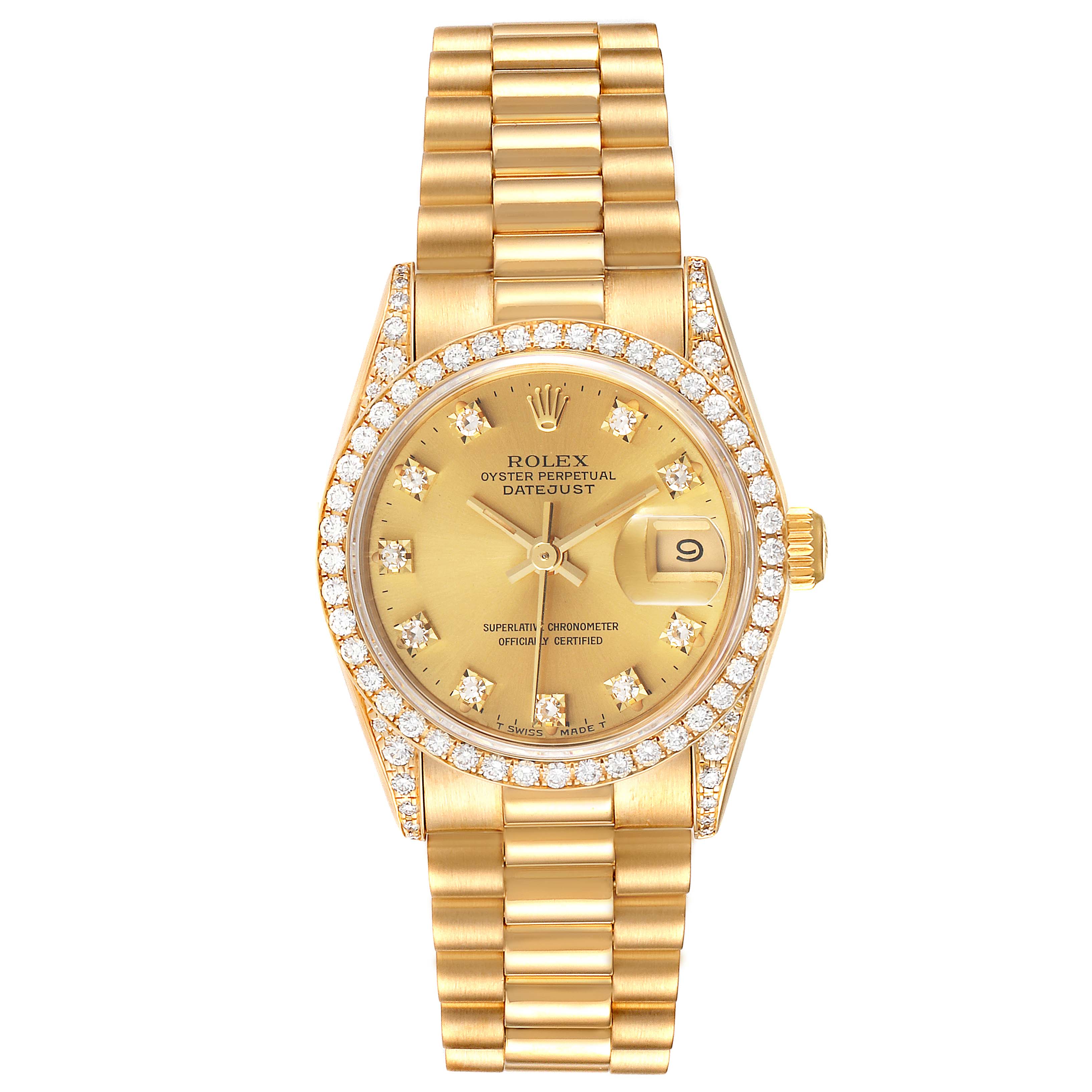 The image shows a frontal view of a Rolex President 69158 Women
s Yellow Gold Champagne Dial 69158 Women
s Yellow Gold Champagne Dial model watch, displaying its face, bezel, and bracelet.