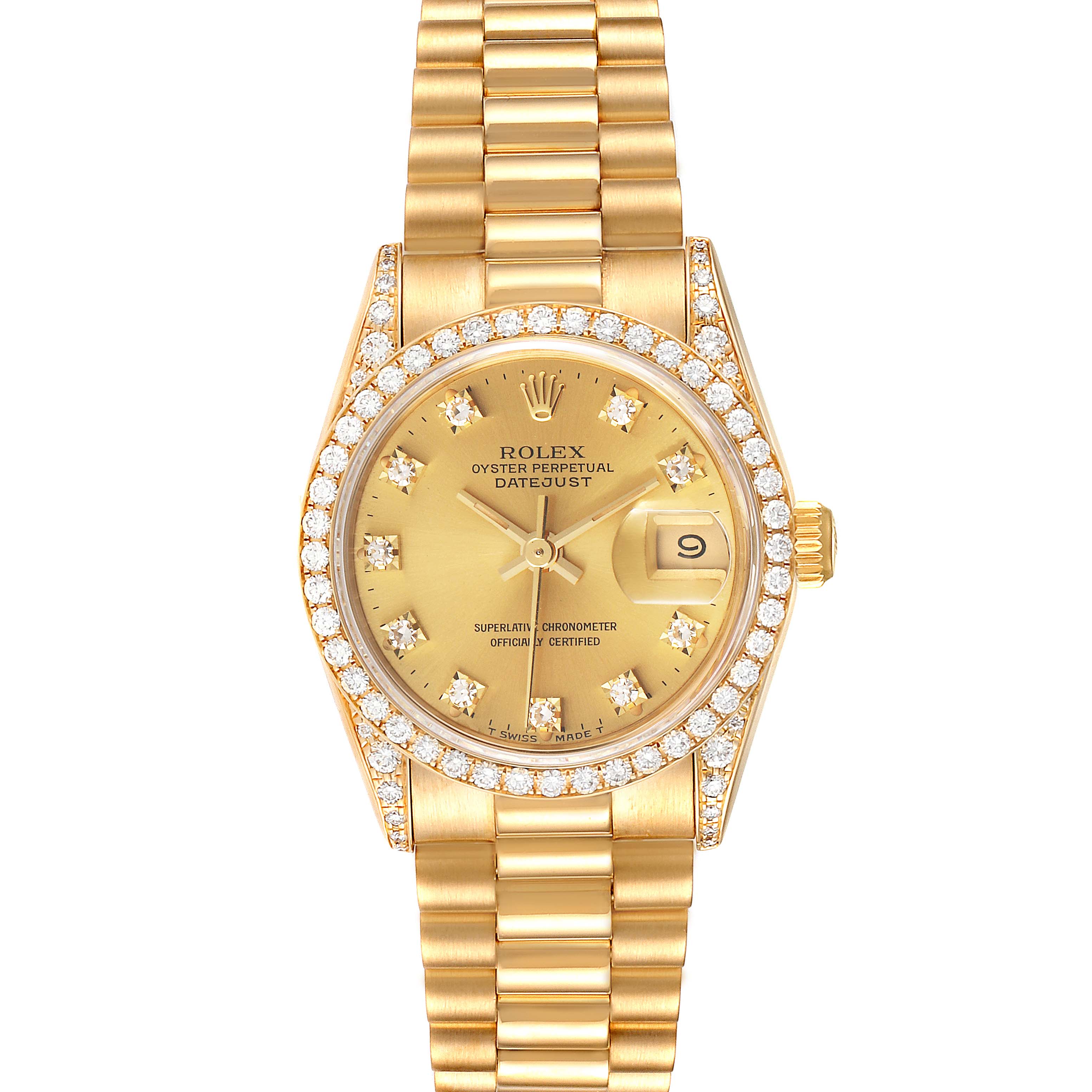 This image shows a front-facing Rolex President 69158 Women
s Yellow Gold Champagne Dial 69158 Women
s Yellow Gold Champagne Dial model watch with a gold band, diamond bezel, and date display at 3 o
clock.