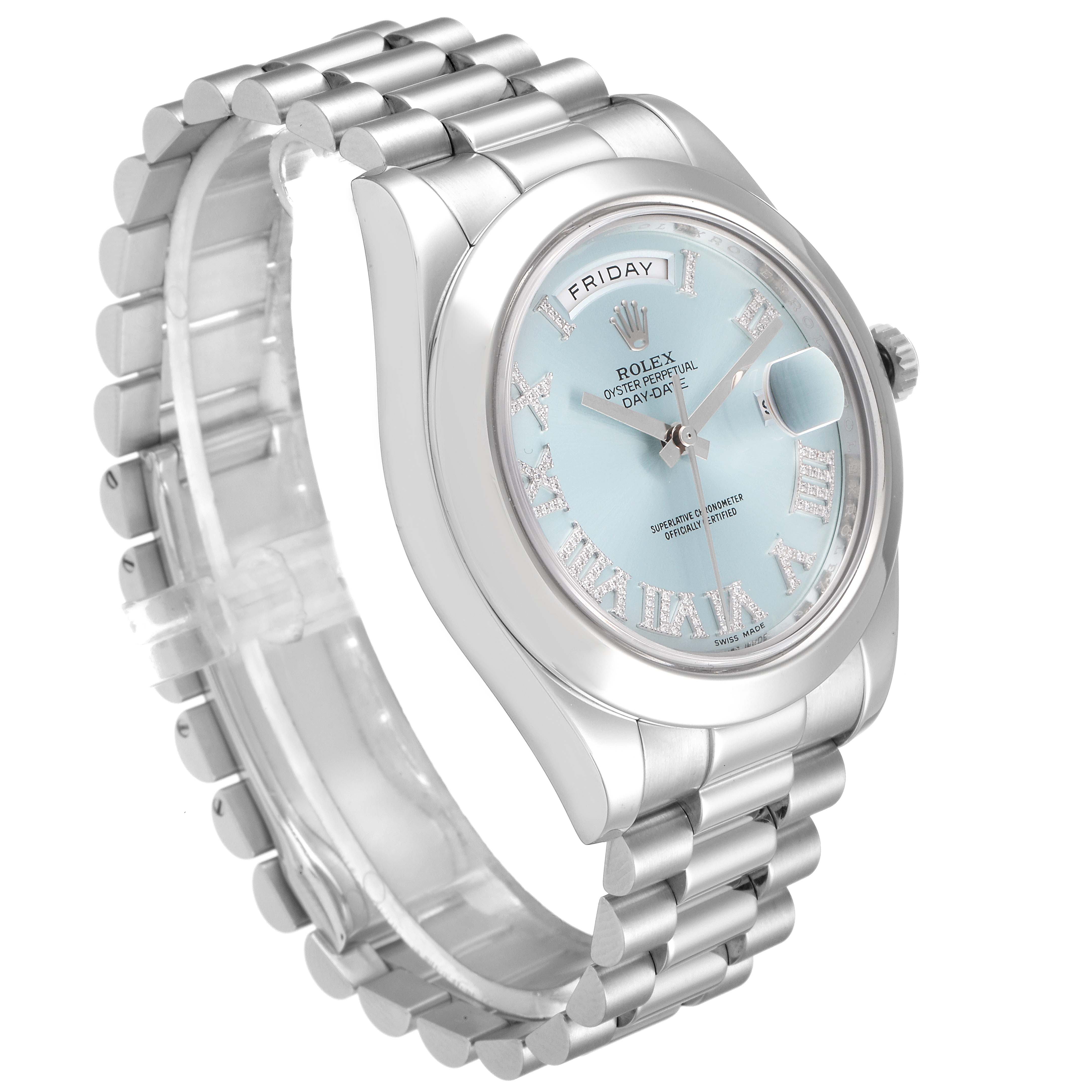 This Rolex President 218206 Men's Platinum Blue Dial 218206 Men's Platinum Blue Dial model watch is shown at a three-quarter angle, highlighting its bracelet, case, and face with diamond Roman numerals.