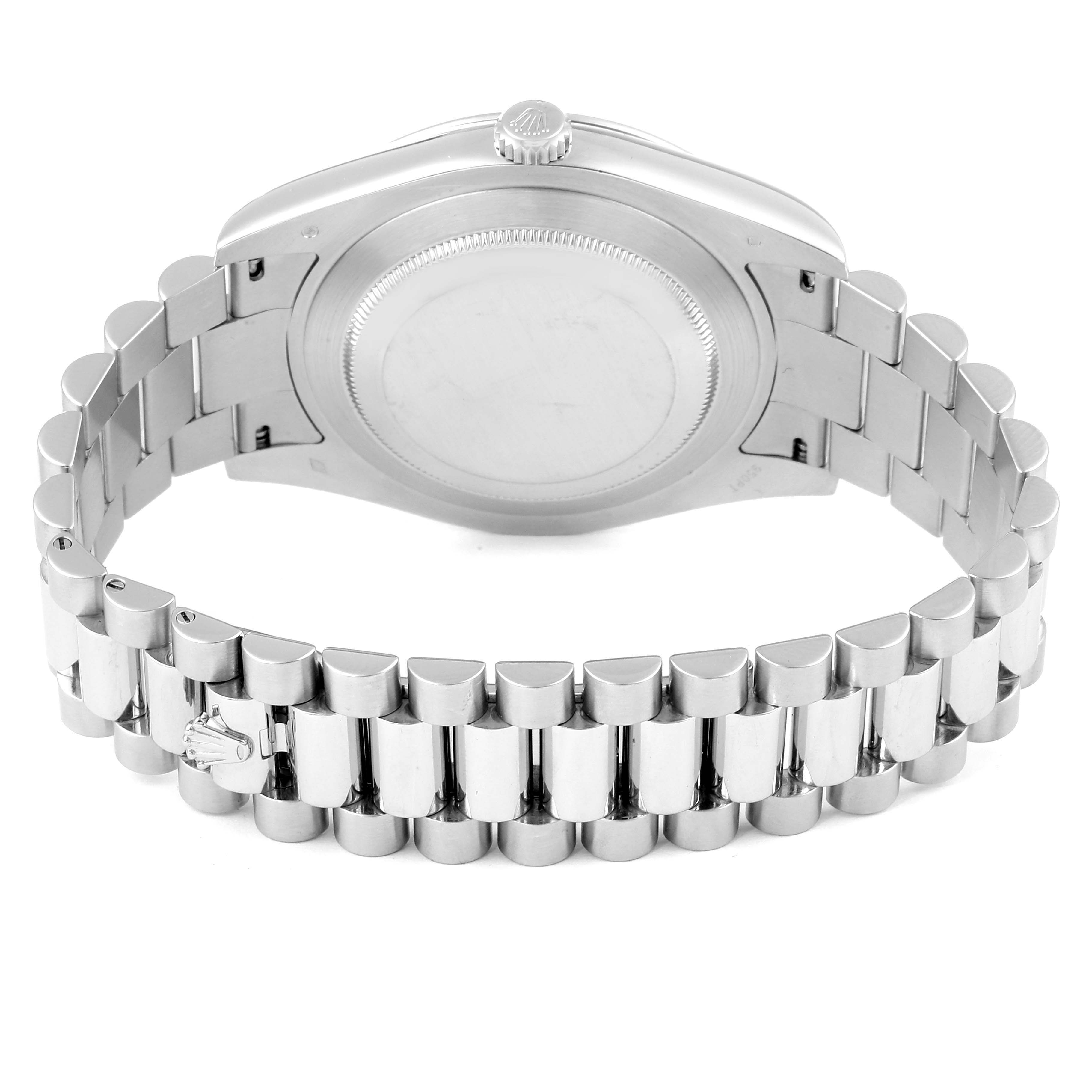 This image shows the back case and bracelet of a Rolex President 218206 Men's Platinum Blue Dial 218206 Men's Platinum Blue Dial model watch, viewed from the rear angle.