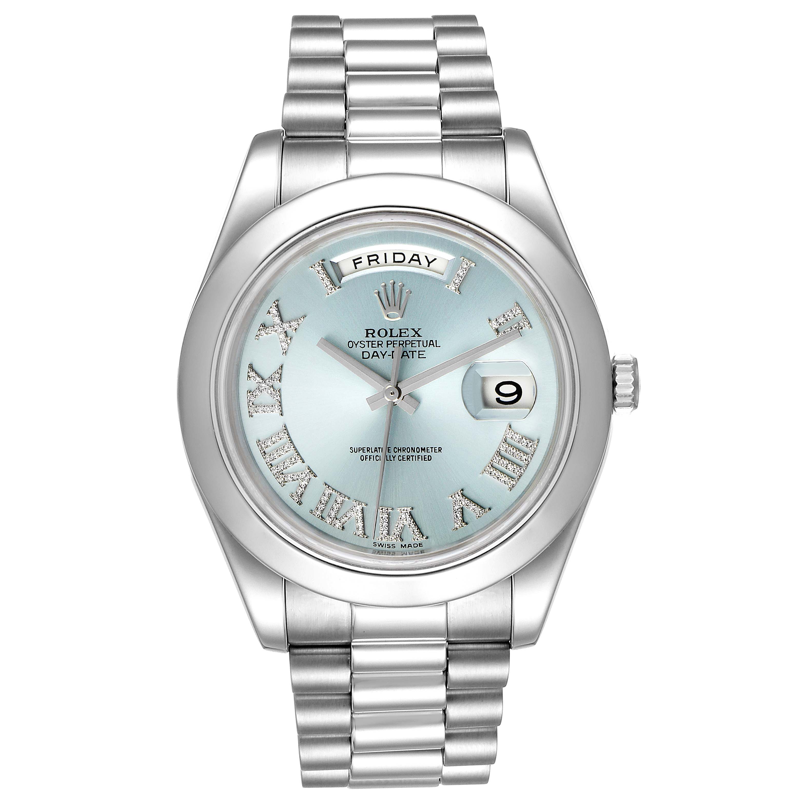 The image shows a Rolex President 218206 Men's Platinum Blue Dial 218206 Men's Platinum Blue Dial model watch from a front angle, highlighting the face, band, dial, and bezel.