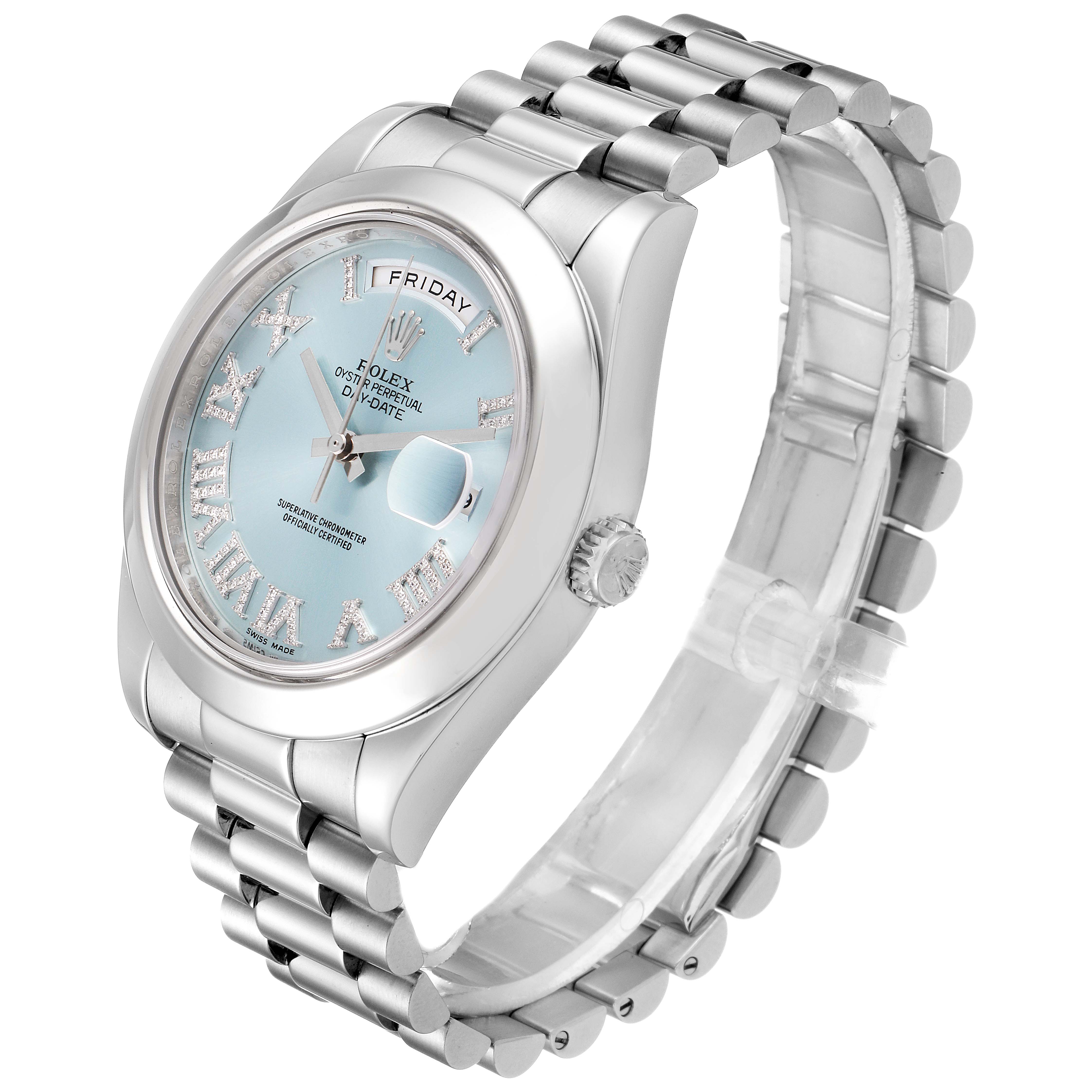 The Rolex President 218206 Men's Platinum Blue Dial 218206 Men's Platinum Blue Dial watch is shown at a slight angle, displaying the face, bezel, crown, and part of the bracelet.