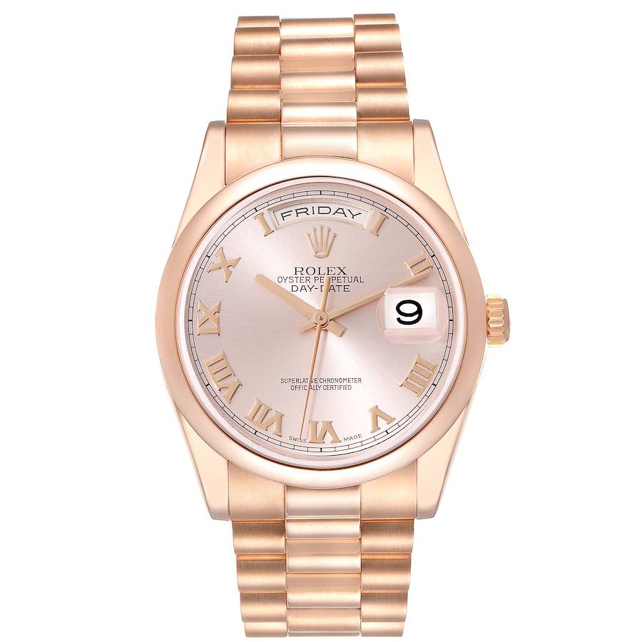 Rolex President Day-Date Rose Gold Rose Roman Dial Mens Watch 118205 SwissWatchExpo