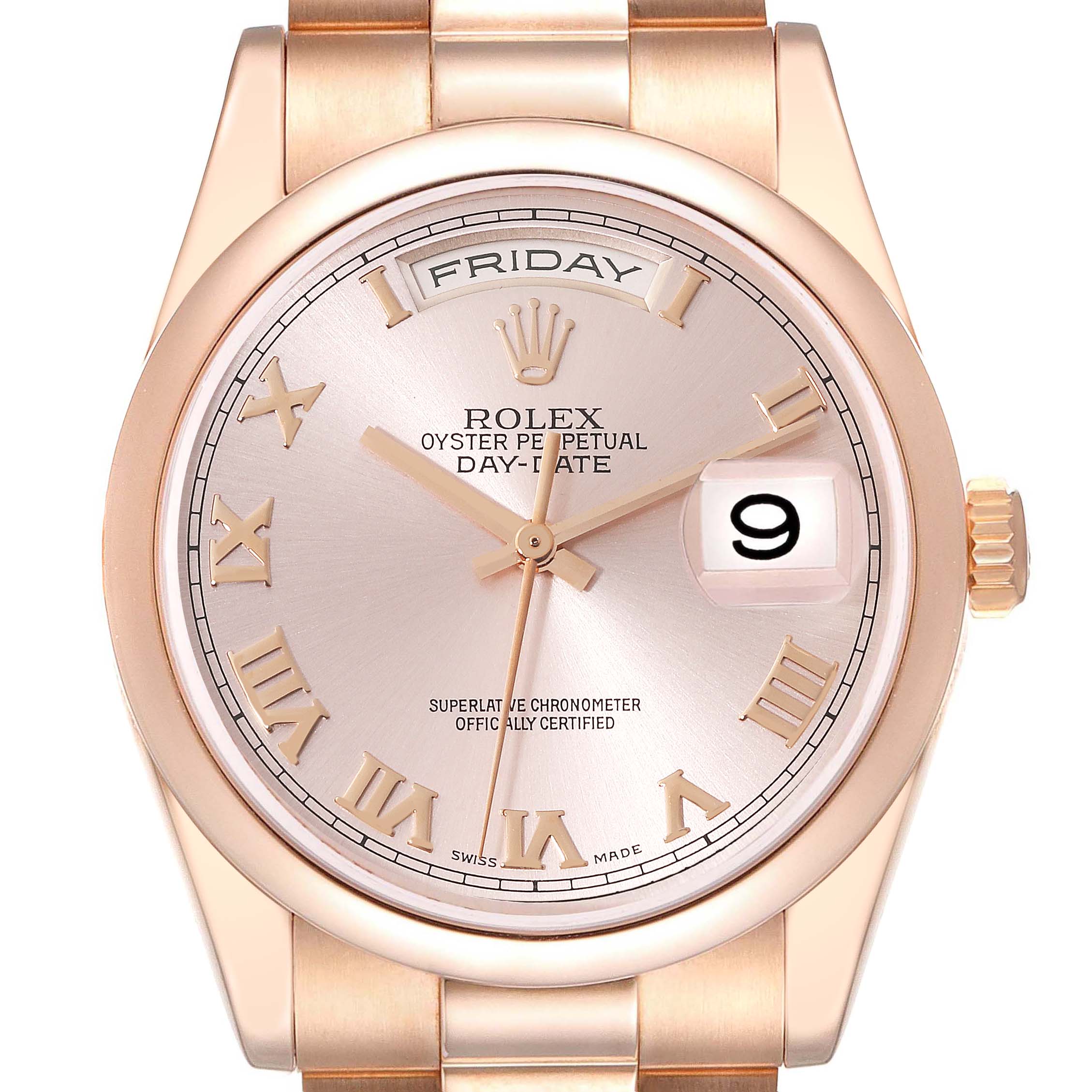 The image shows a front view of the Rolex President 118205 Men's Rose Gold Pink Dial 118205 Men's Rose Gold Pink Dial model watch, displaying the watch face, band, and crown.