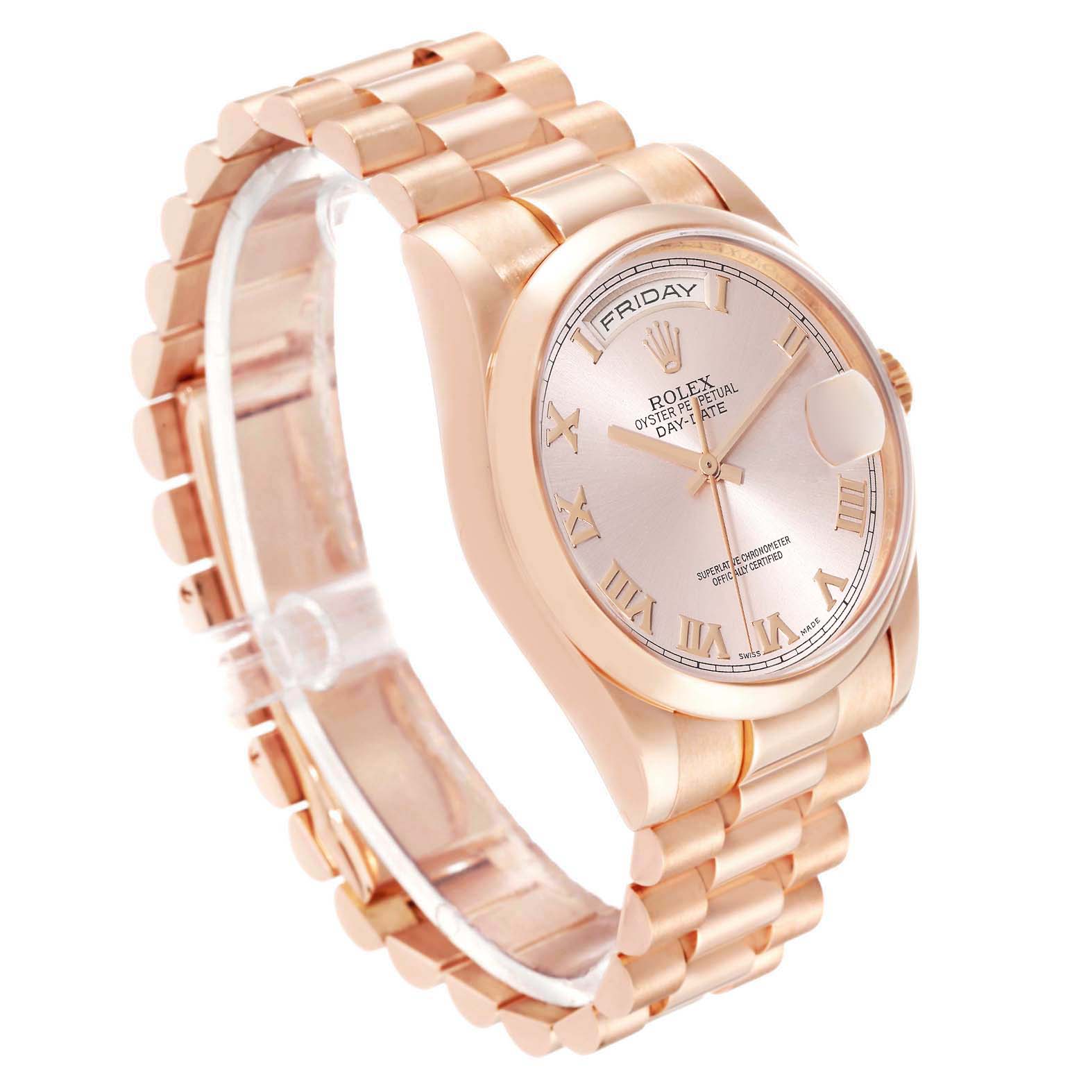 The President model by Rolex is shown at a high front angle, highlighting the face, bracelet, and side crown.