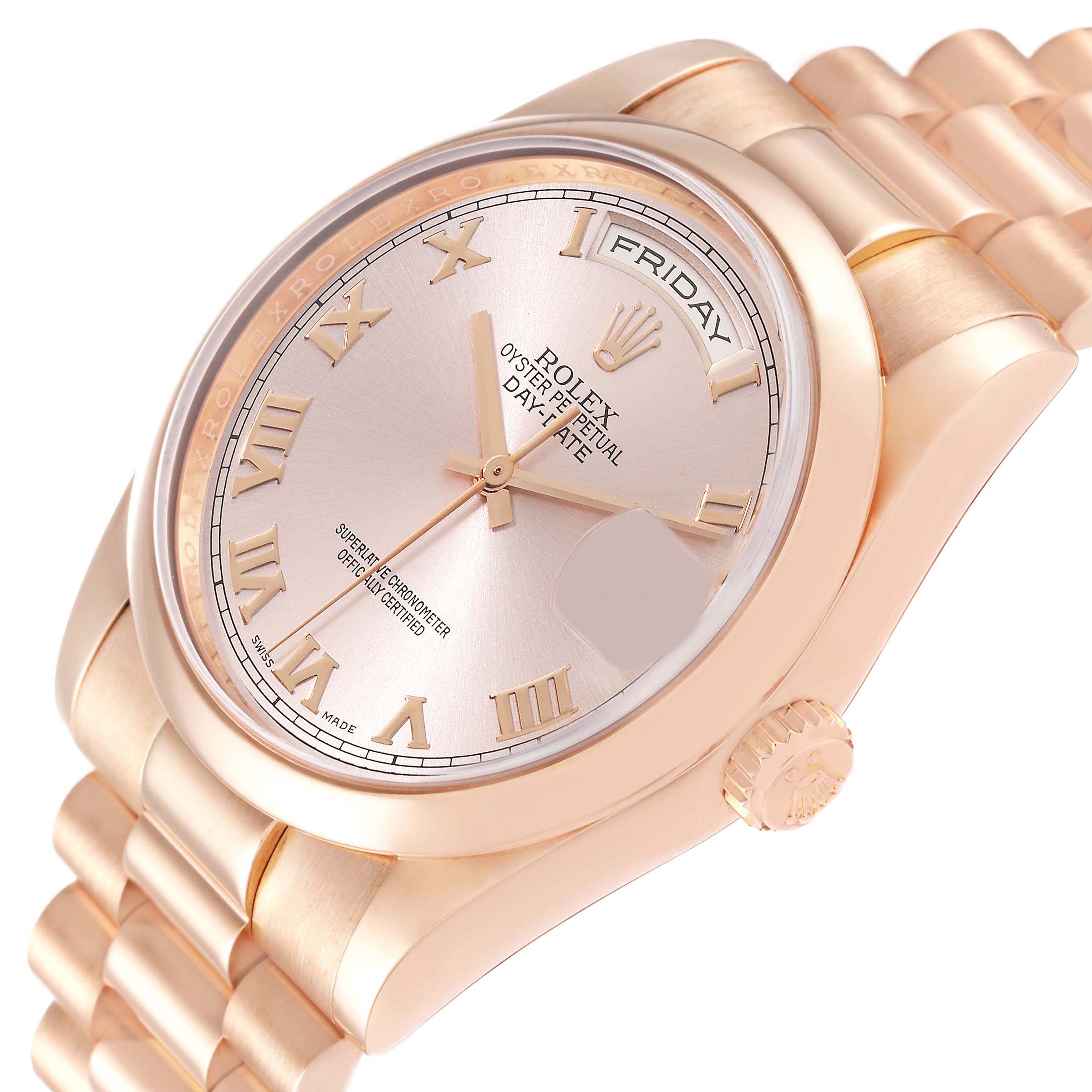 This image shows a close-up view of the Rolex President 118205 Men's Rose Gold Pink Dial 118205 Men's Rose Gold Pink Dial model watch, highlighting the dial, bezel, and part of the bracelet.