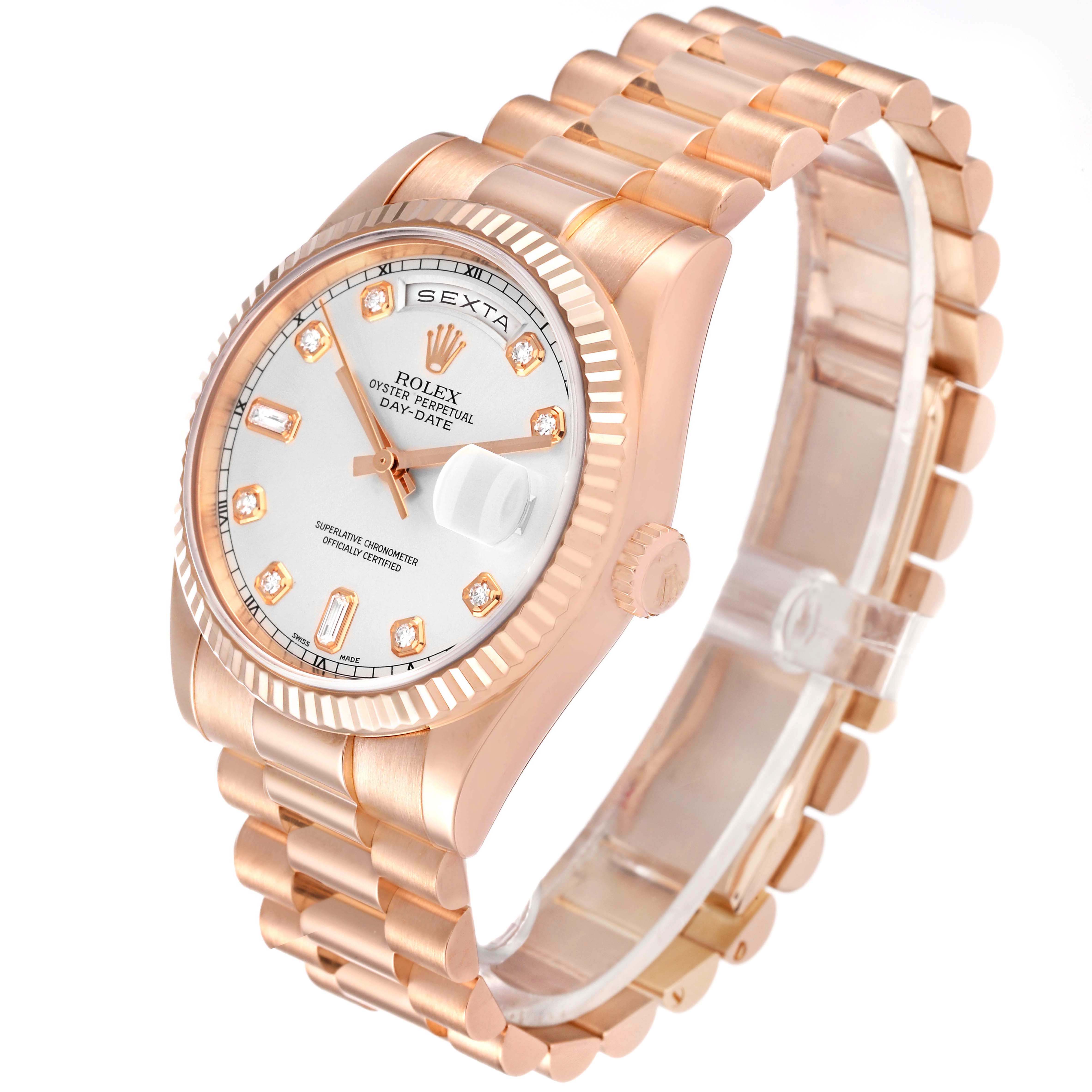 The image shows a side and front angle of a Rolex President 118235 Men's Rose Gold Silver Dial 118235 Men's Rose Gold Silver Dial model watch, highlighting its bracelet, dial, and bezel.
