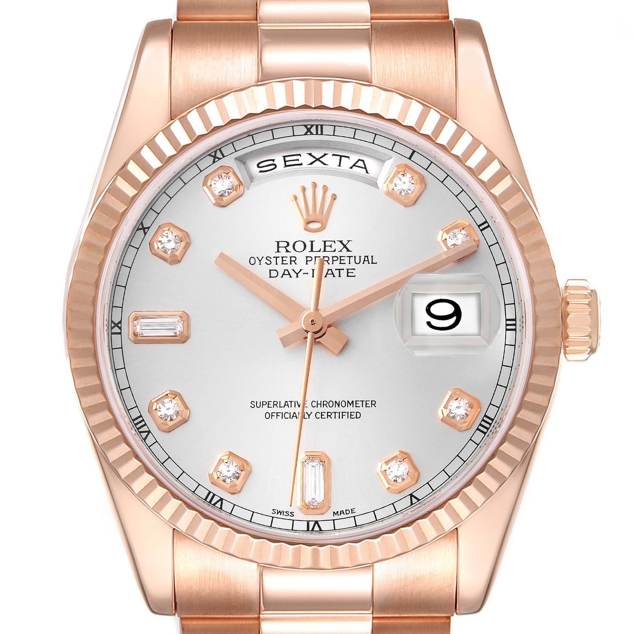 This image shows a frontal view of a Rolex President 118235 Men's Rose Gold Silver Dial 118235 Men's Rose Gold Silver Dial model watch, highlighting its face, bezel, and part of the bracelet.