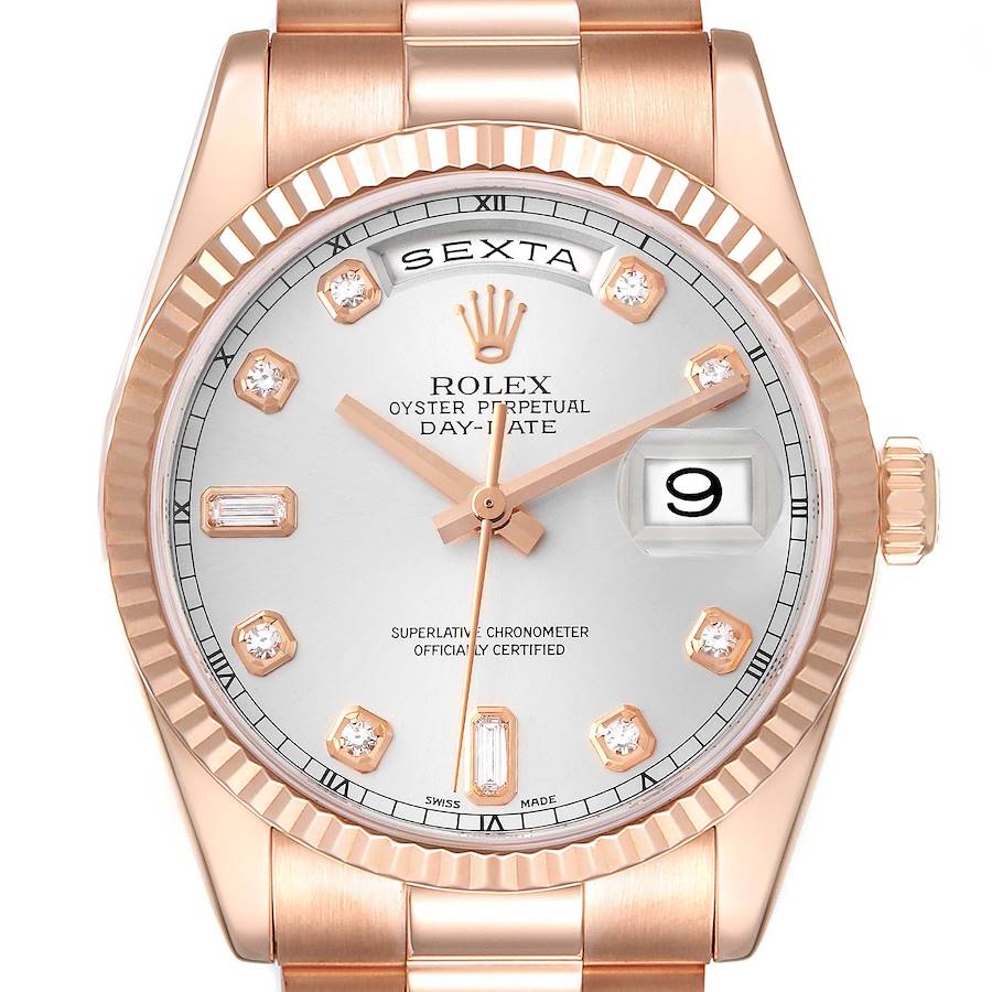 Rolex President Day-Date Rose Gold Silver Diamond Dial Mens Watch 118235 SwissWatchExpo