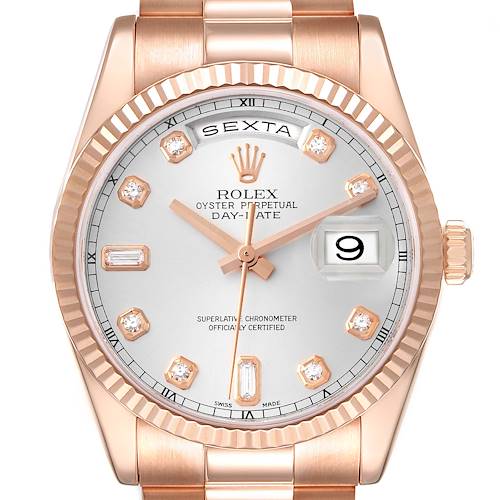 Photo of Rolex President Day-Date Rose Gold Silver Diamond Dial Mens Watch 118235