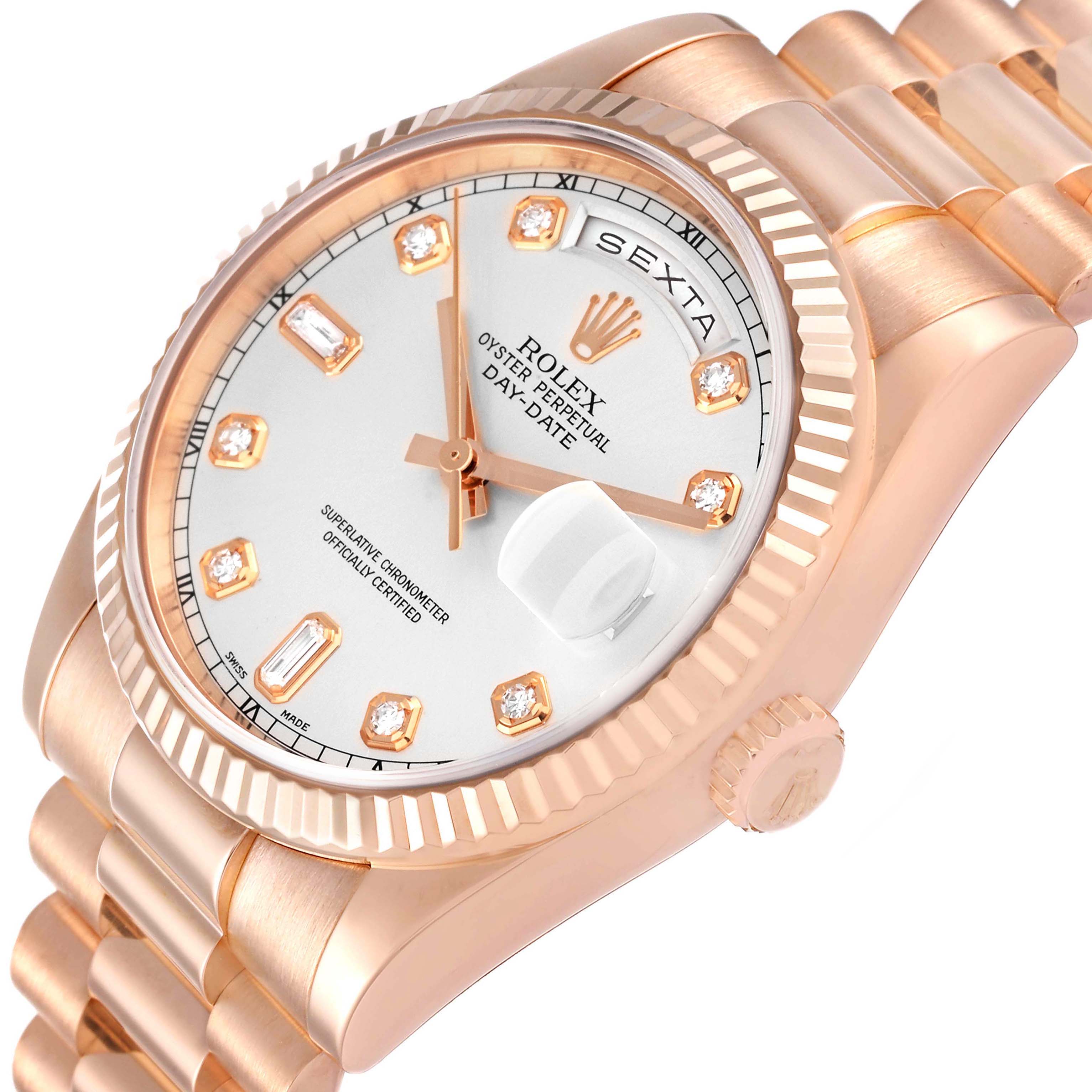The image shows a close-up angled view of a Rolex President 118235 Men's Rose Gold Silver Dial 118235 Men's Rose Gold Silver Dial model watch, highlighting the face, bezel, and bracelet.